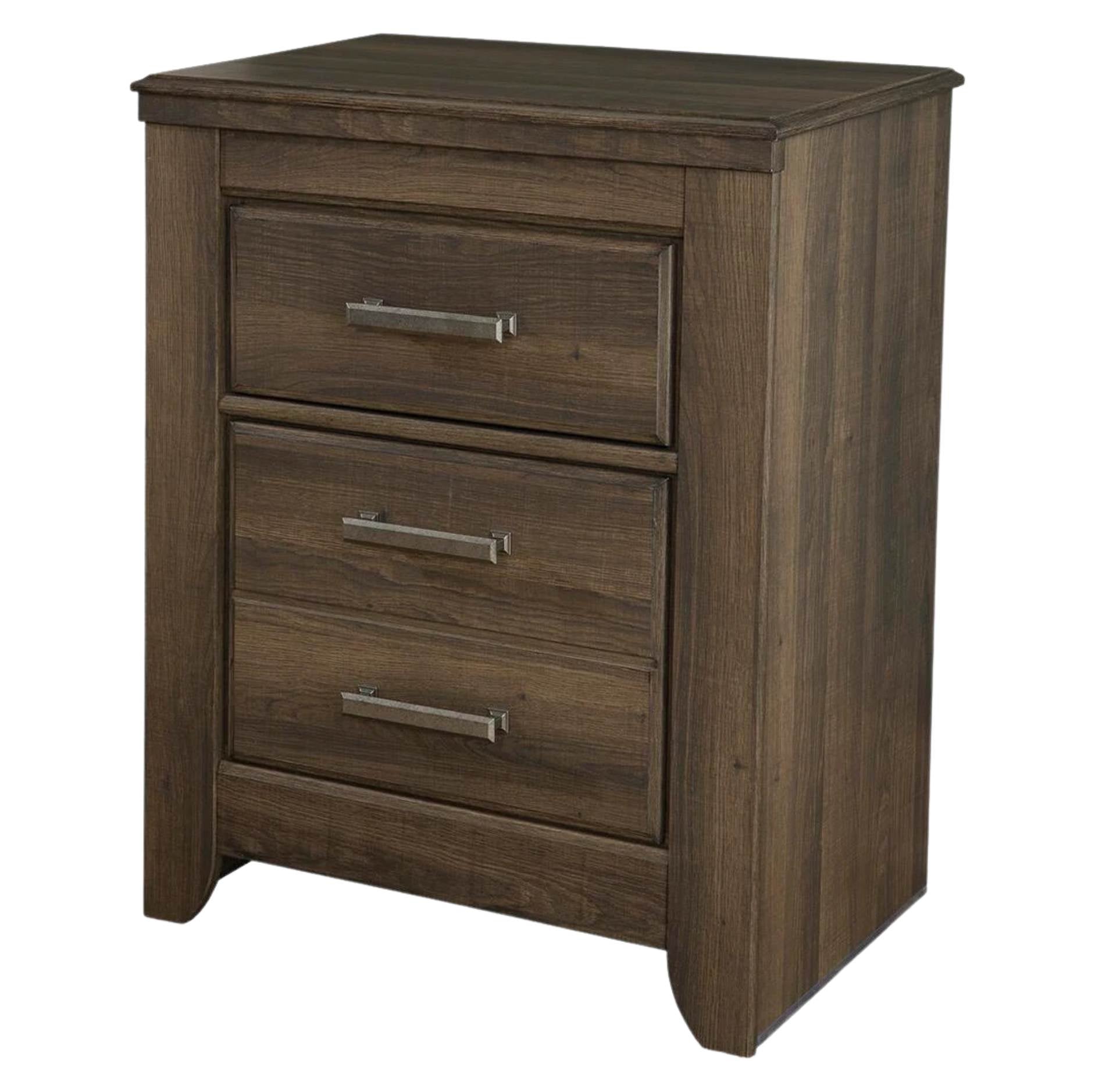 A two-drawer wooden nightstand with a medium brown wood grain finish and silver metal handles, shown on a plain white background.