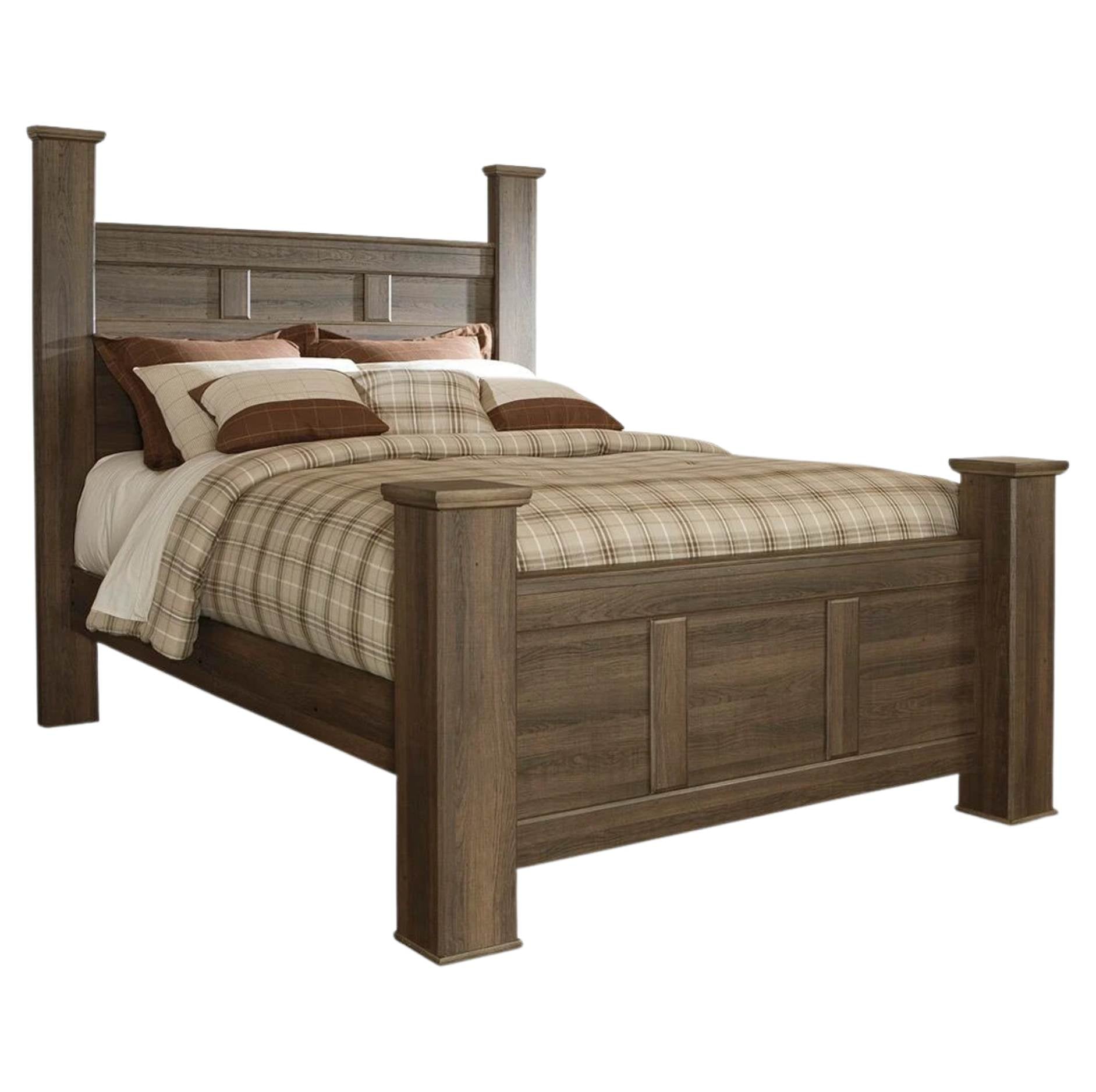 Wooden bed with plaid bedding on a white background