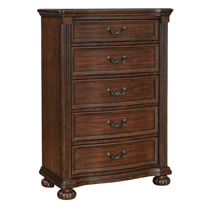A five-drawer wooden chest of drawers in a warm dark brown finish, featuring ornate antique-style metal drawer pulls and turned feet, shown on a plain white background.