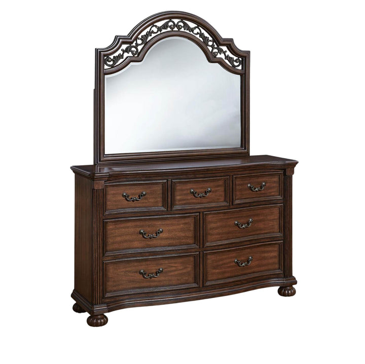 A dark brown wooden dresser with six drawers and an attached arched mirror featuring ornate carved detailing on the frame, set against a plain white background.