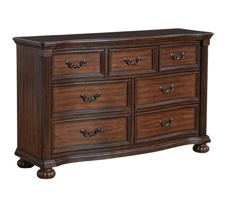 A six-drawer wooden dresser with a dark brown finish, featuring ornate dark metal handles and turned feet, shown on a plain white background.