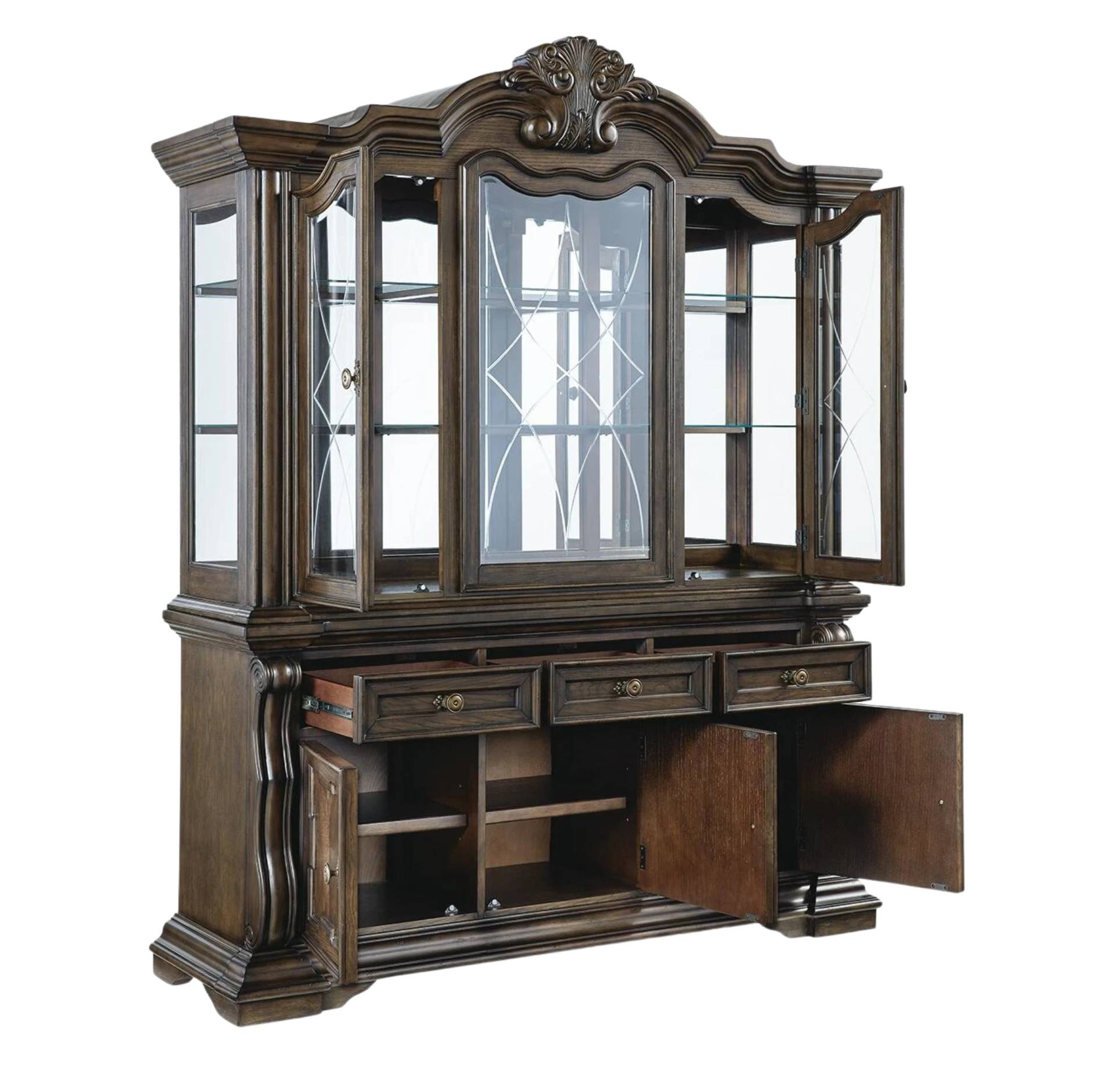 A dark brown wooden hutch cabinet with glass-front upper display cabinets, three drawers, open storage compartments, and an open lower cabinet door, shown on a plain white background.