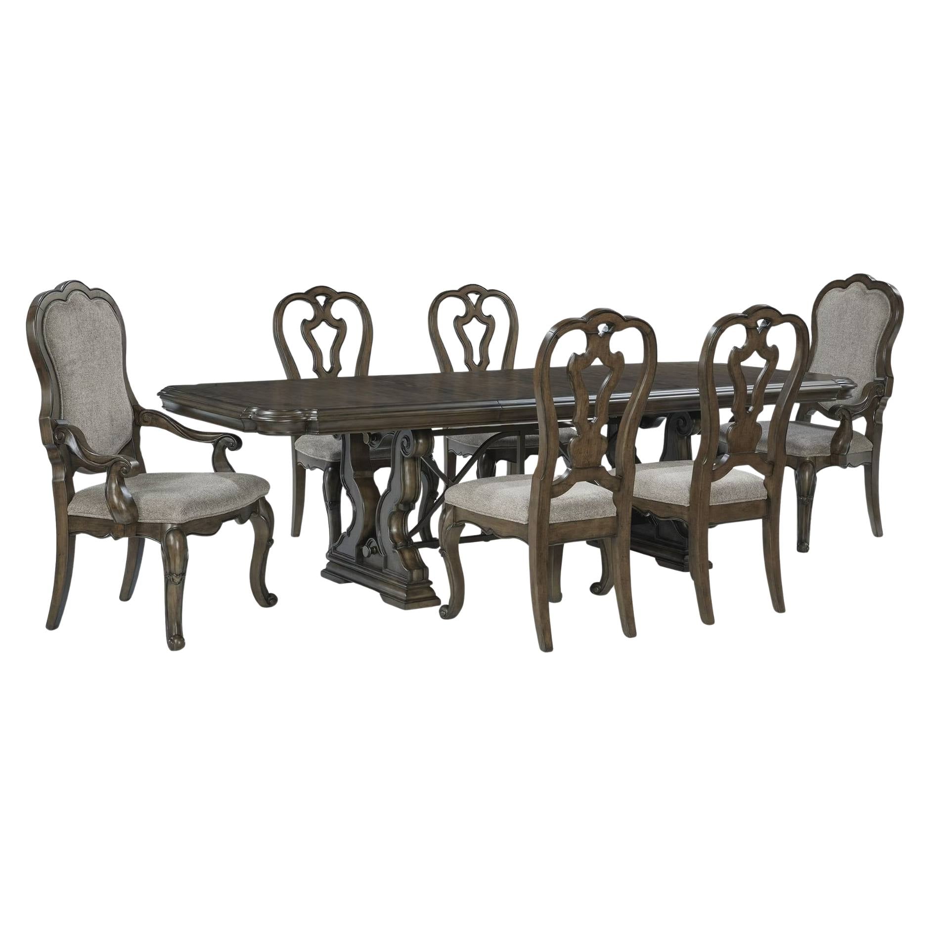 A 9-piece dining room set featuring a dark wood rectangular table and eight matching chairs with upholstered light gray seats and backs, shown on a plain white background.
