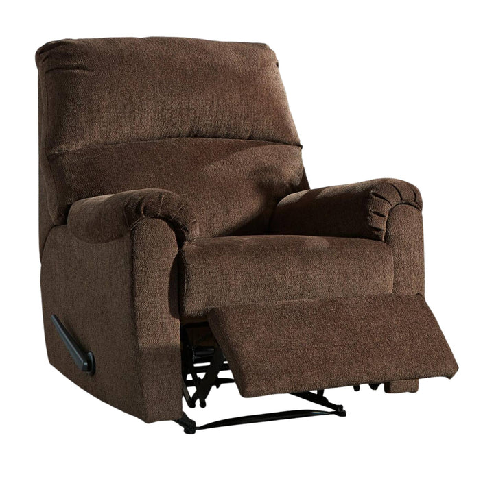 A brown textured fabric recliner chair with the footrest extended, shown against a plain white background.