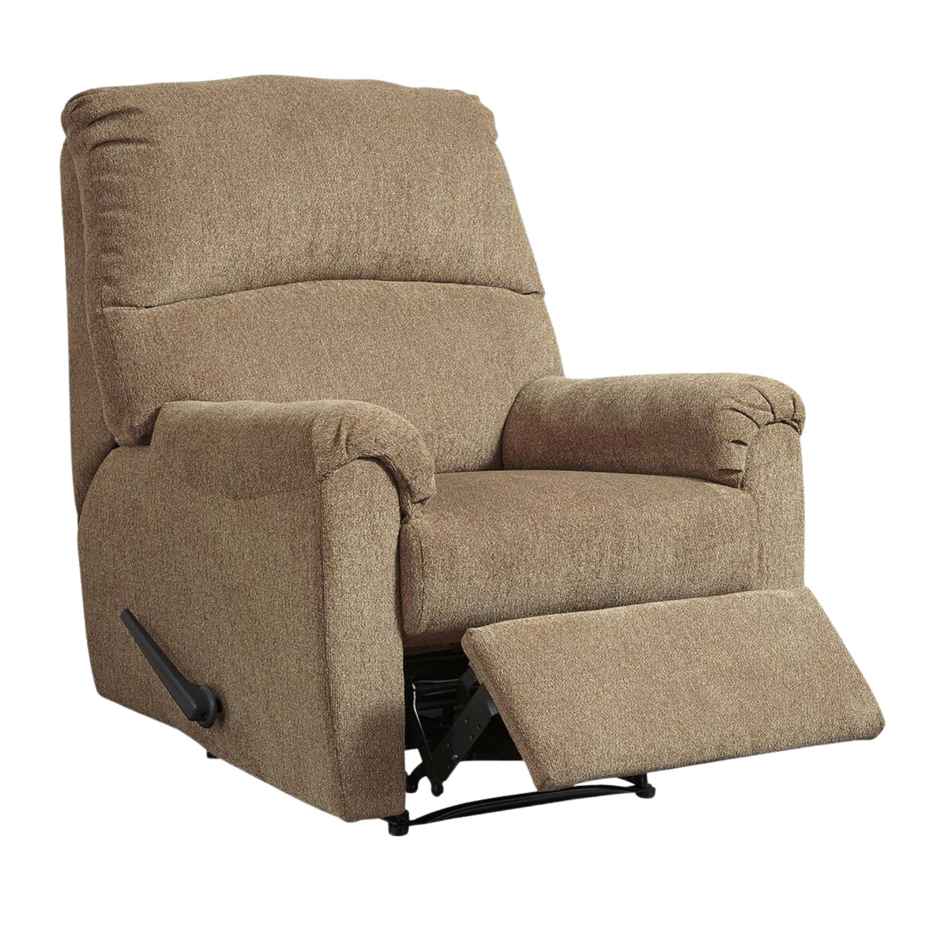 A brown textured fabric recliner chair with the footrest extended, shown against a plain white background.