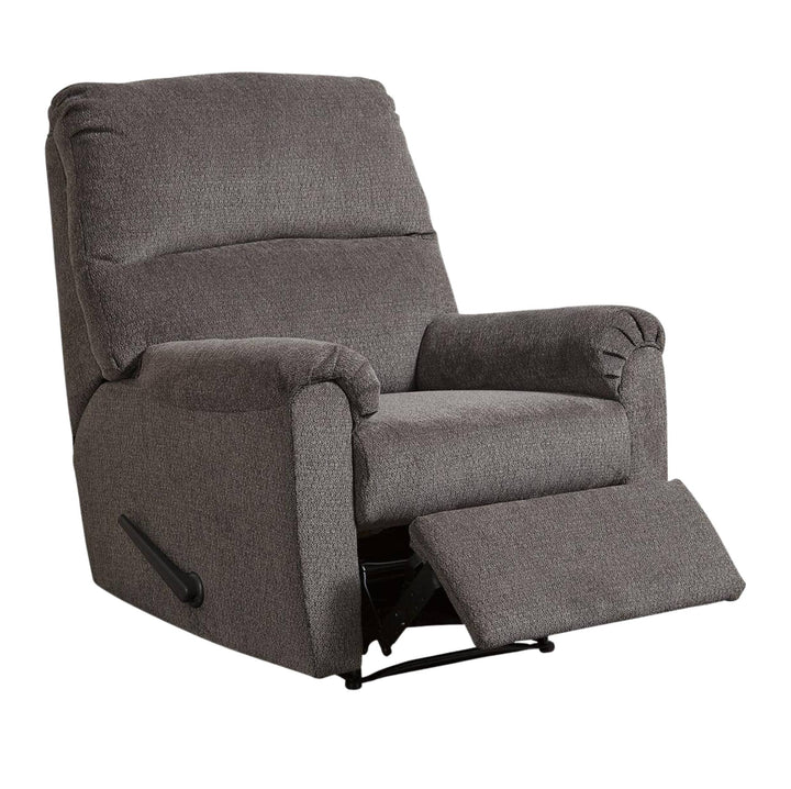 A gray textured fabric recliner chair with the footrest extended, shown against a plain white background.