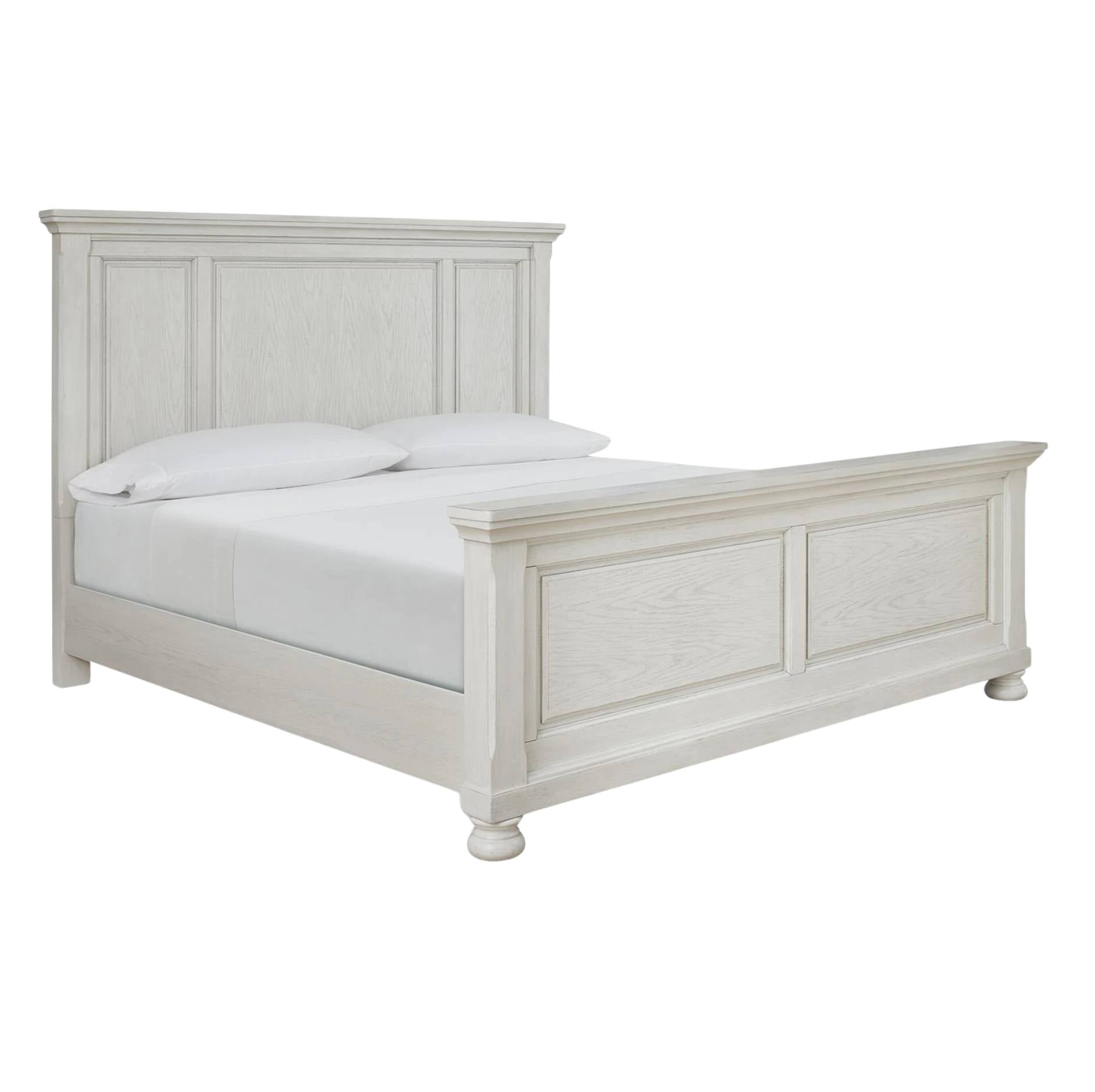 A white wooden bed frame with a tall paneled headboard and matching footboard, shown with white bedding on a plain white background.