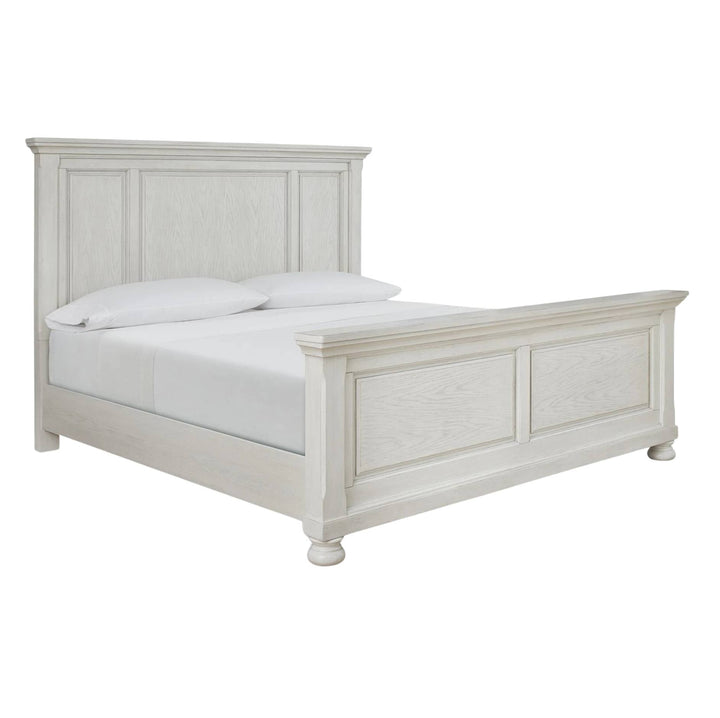 A white wooden bed frame with a tall paneled headboard and matching footboard, shown with white bedding on a plain white background.