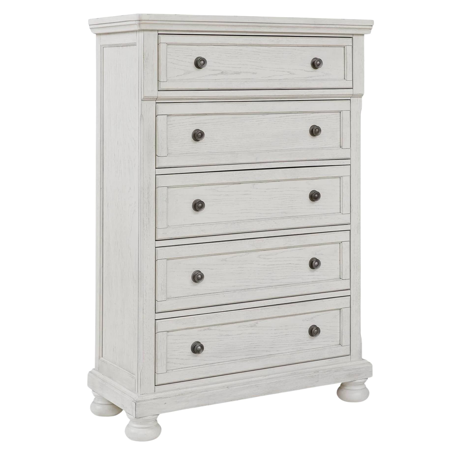 A white distressed wood five-drawer chest with dark round knobs and turned feet, shown on a plain white background.