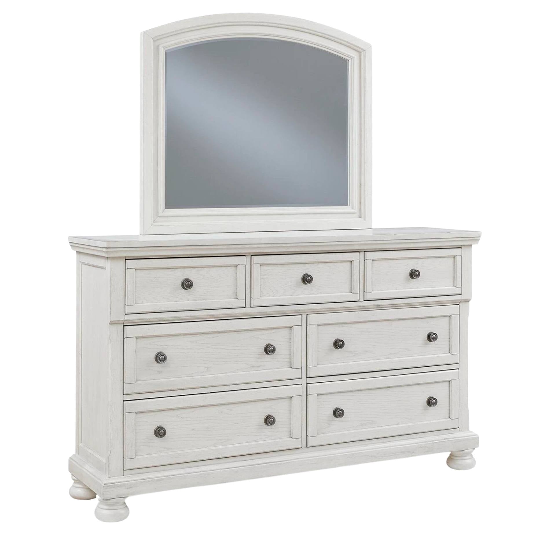 A white distressed wood dresser with six drawers and an arched mirror, shown on a plain white background.