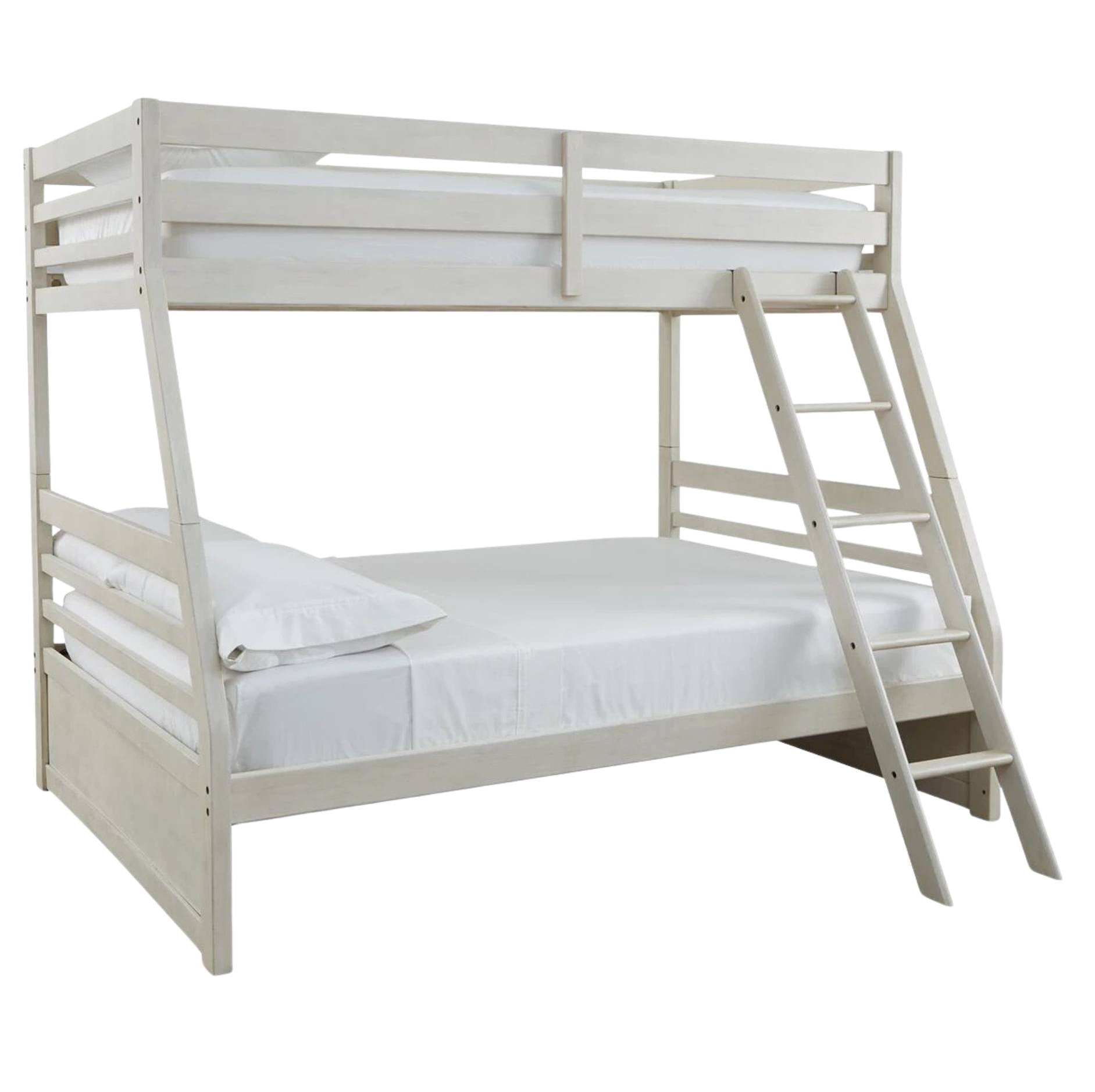 White wooden bunk bed with an attached ladder, shown with white bedding on a plain white background.