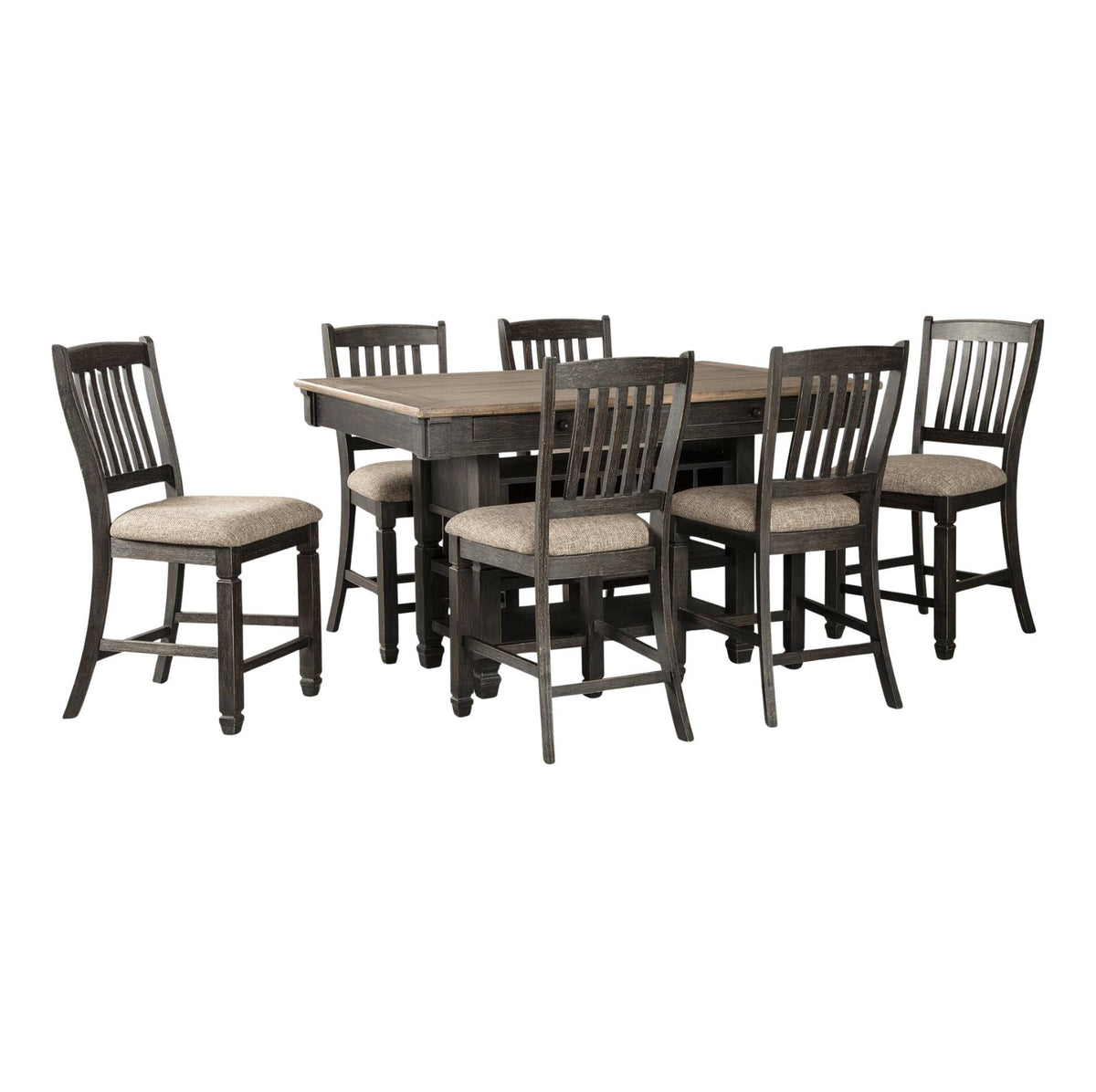A 7-piece dining room set featuring a rectangular wooden table and six matching high-back chairs with dark brown frames and beige upholstered seats, shown on a plain white background.