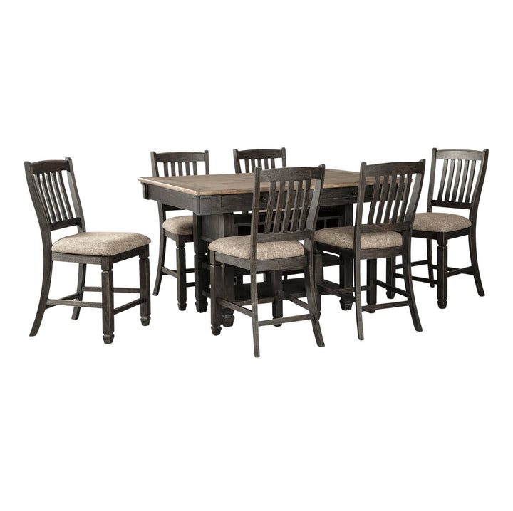 A 7-piece dining room set featuring a rectangular wooden table and six matching high-back chairs with dark brown frames and beige upholstered seats, shown on a plain white background.