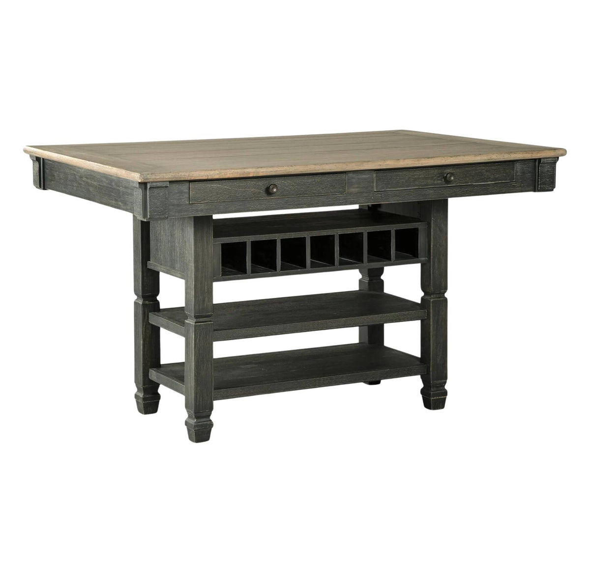 A rustic farmhouse-style kitchen island table with a dark gray distressed finish, featuring a light natural wood top, a single drawer, a built-in wine rack, and two open lower shelves.
