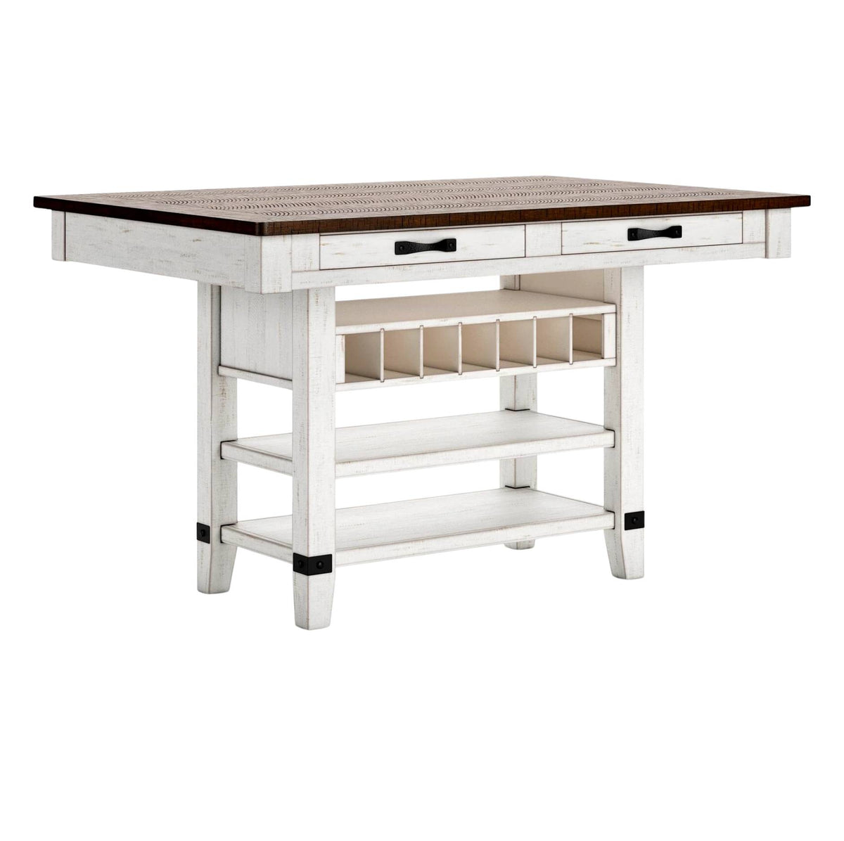 A white farmhouse-style kitchen island table with a dark brown wood top, two drawers with black handles, a wine rack, and open shelving underneath, shown on a plain white background.