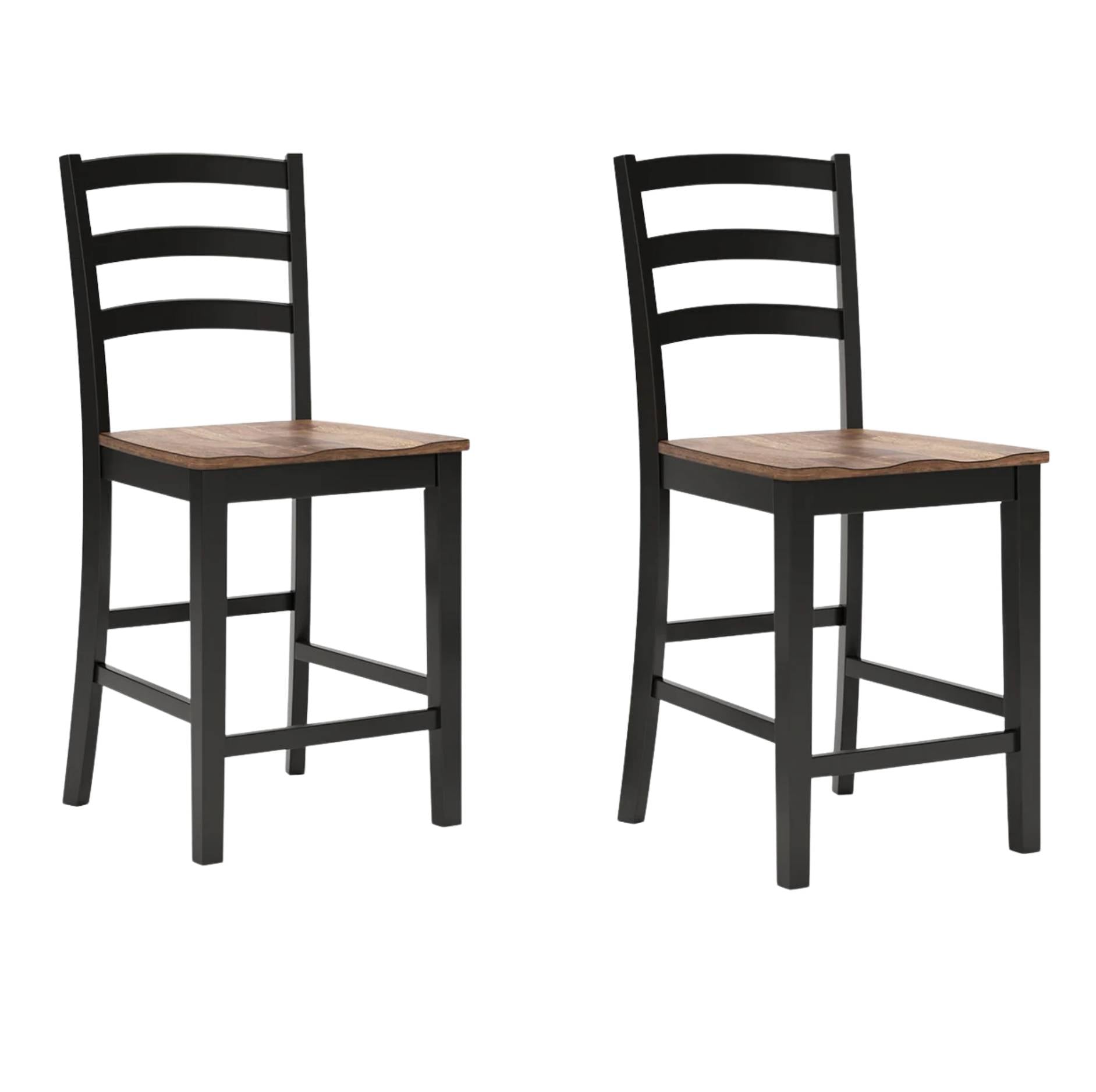 Two matching ladder-back bar stools with black frames and light brown wooden seats, shown on a plain white background.