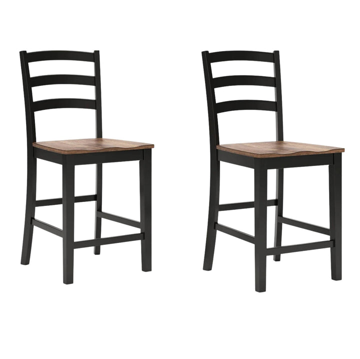 Two matching ladder-back bar stools with black frames and light brown wooden seats, shown on a plain white background.