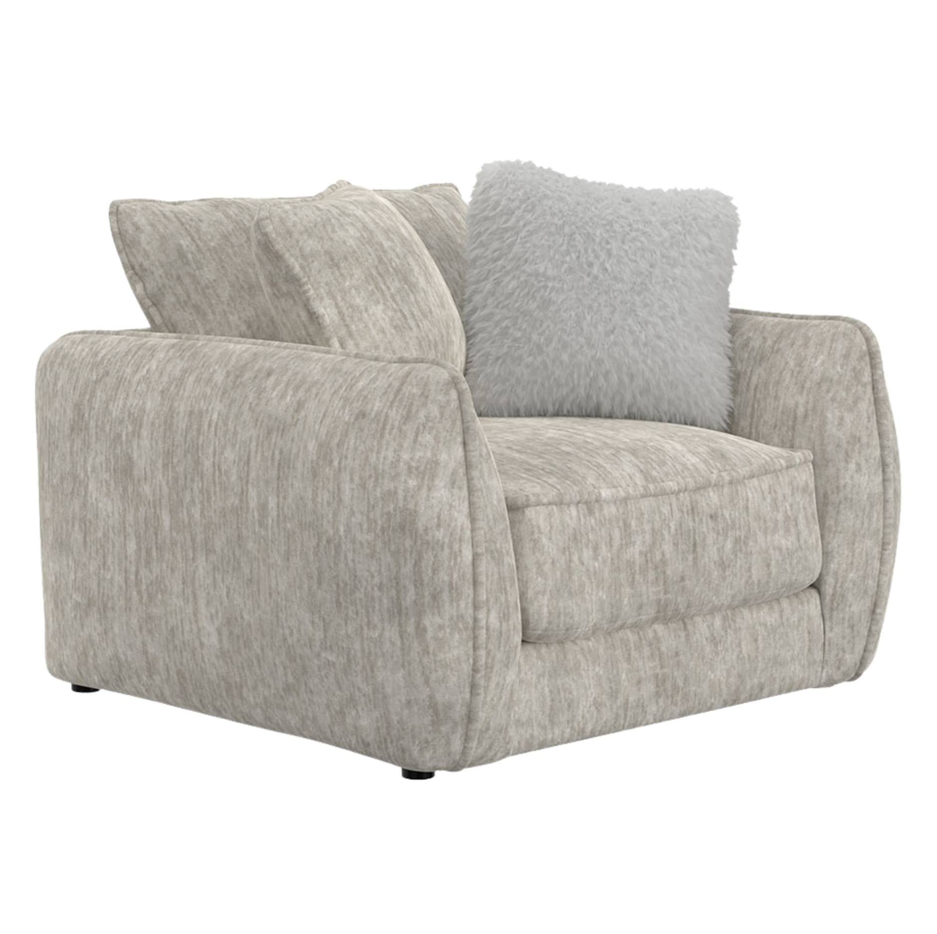 A light gray upholstered armchair with two matching textured throw pillows, shown on a plain white background.