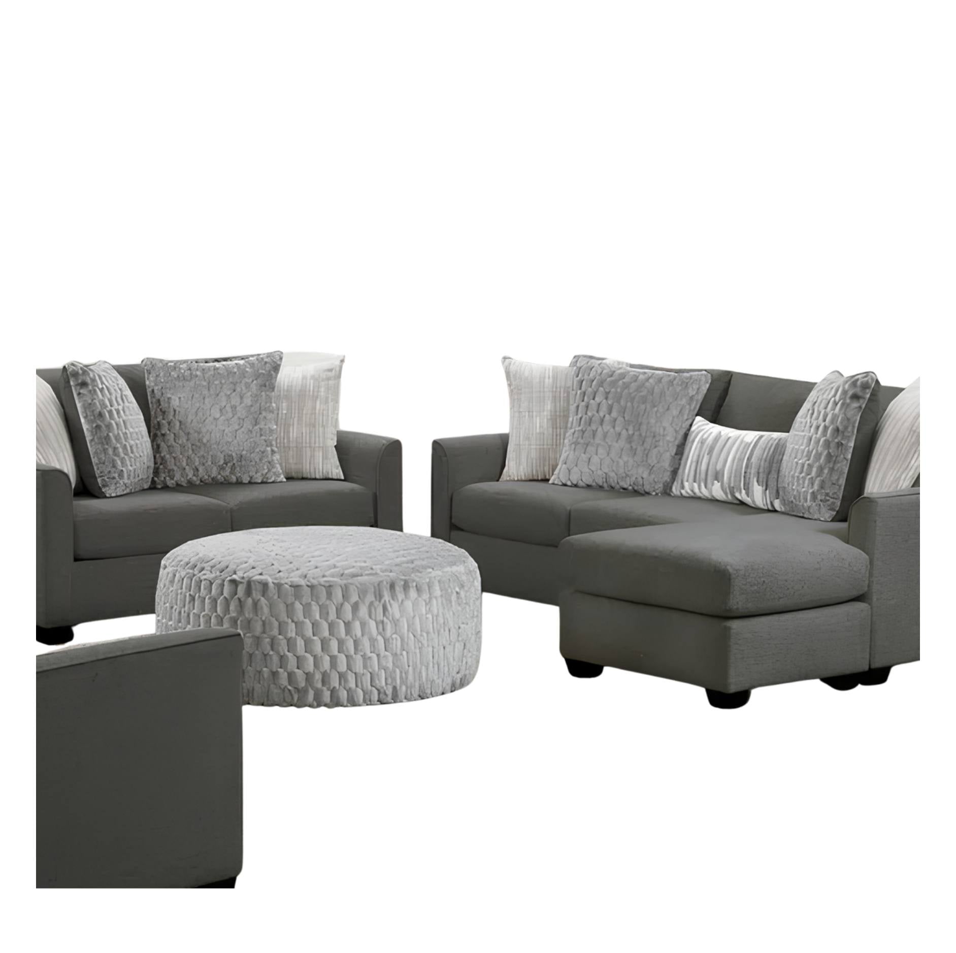 A gray sectional sofa set with a chaise, matching armchair, round ottoman, and multiple gray and white textured throw pillows on a plain white background.