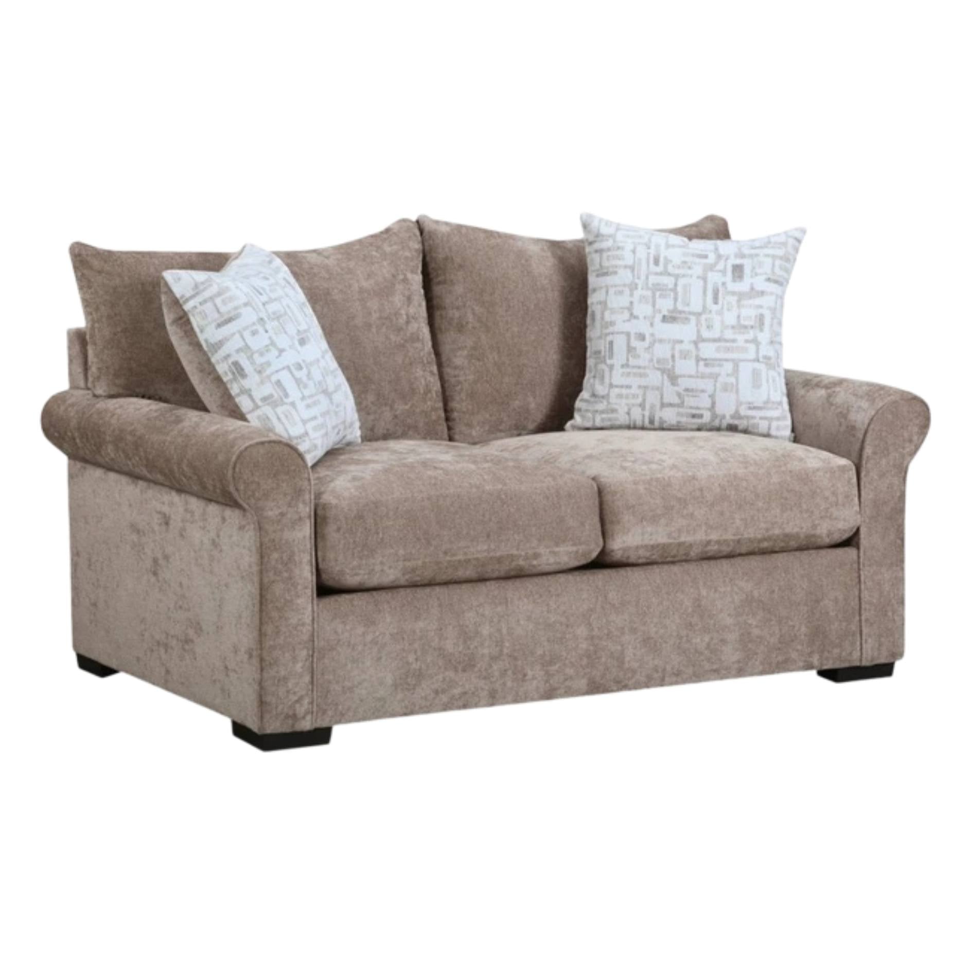 A two-seater loveseat sofa upholstered in a textured taupe-brown fabric, styled with two decorative throw pillows featuring a light gray geometric pattern, set against a plain white background.
