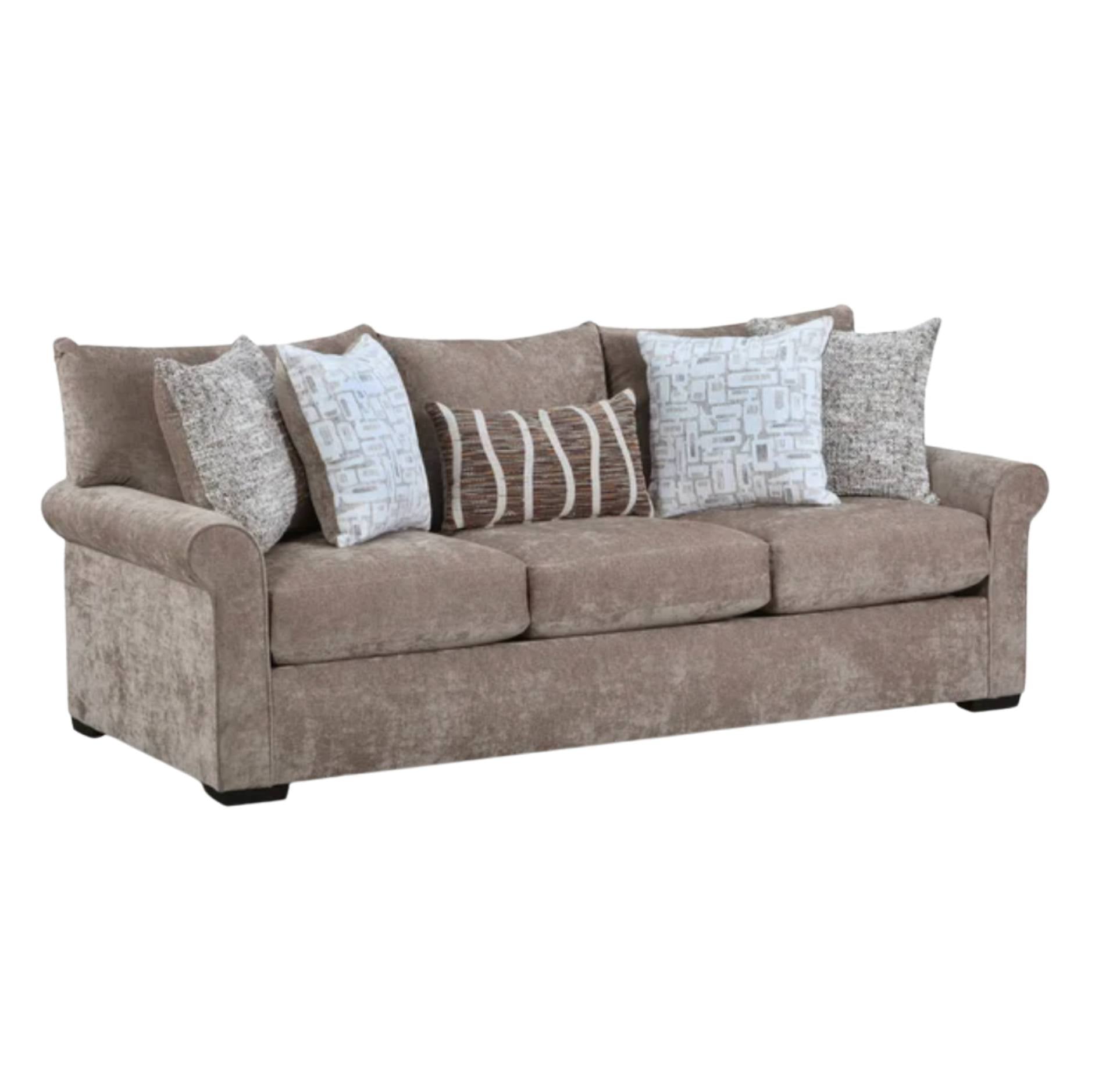 A three-seater upholstered loveseat sofa in a textured taupe-brown fabric, styled with five decorative throw pillows in neutral and patterned designs, set against a plain white background.