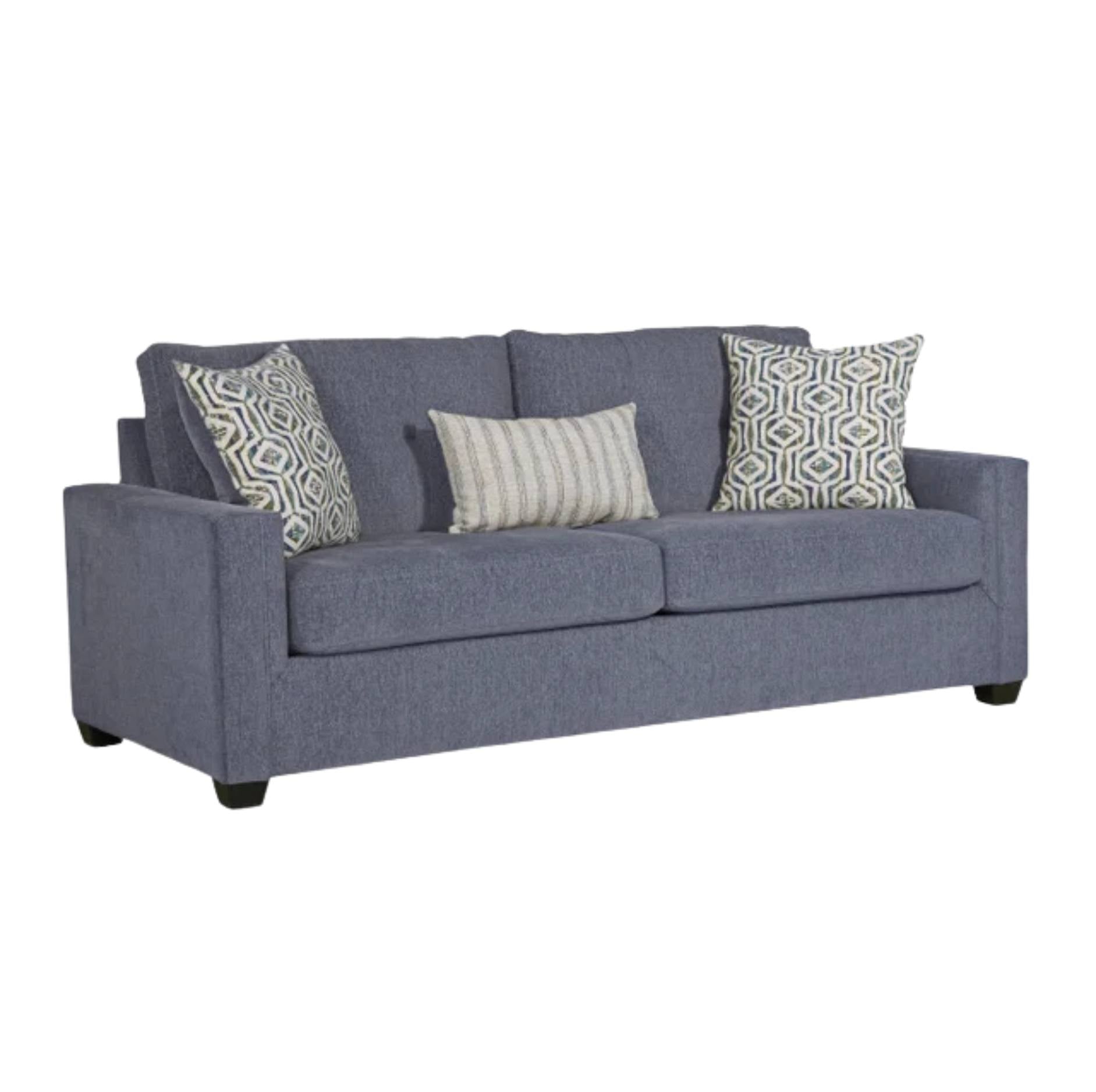 A three-seat sofa in textured blue-gray fabric, styled with two patterned throw pillows and one striped accent pillow, shown against a plain white background.