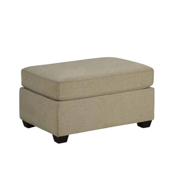 A rectangular upholstered ottoman with a thick cushioned top and dark block feet, shown on a plain white background.
