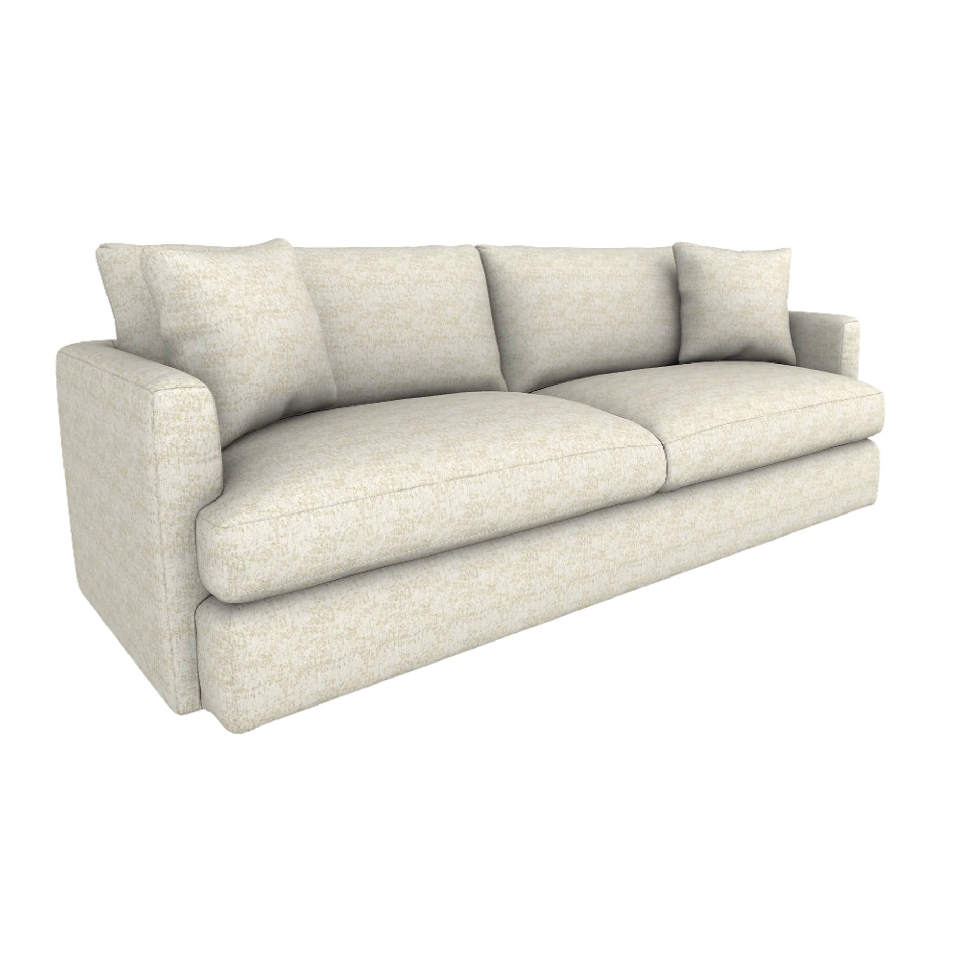 A modern three-seat sofa upholstered in a light beige textured fabric, featuring a low-profile boxy frame and three matching back cushions, shown on a plain white background.