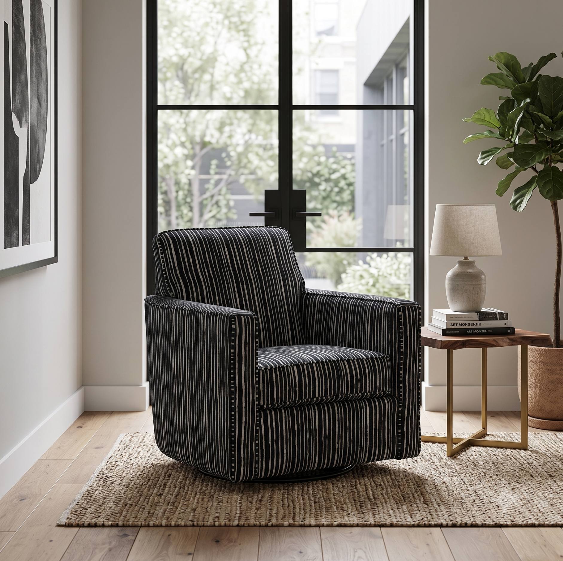 A modern striped armchair in black and gray upholstery with nailhead trim, styled in a bright living room next to a wooden side table with a lamp and a potted plant.