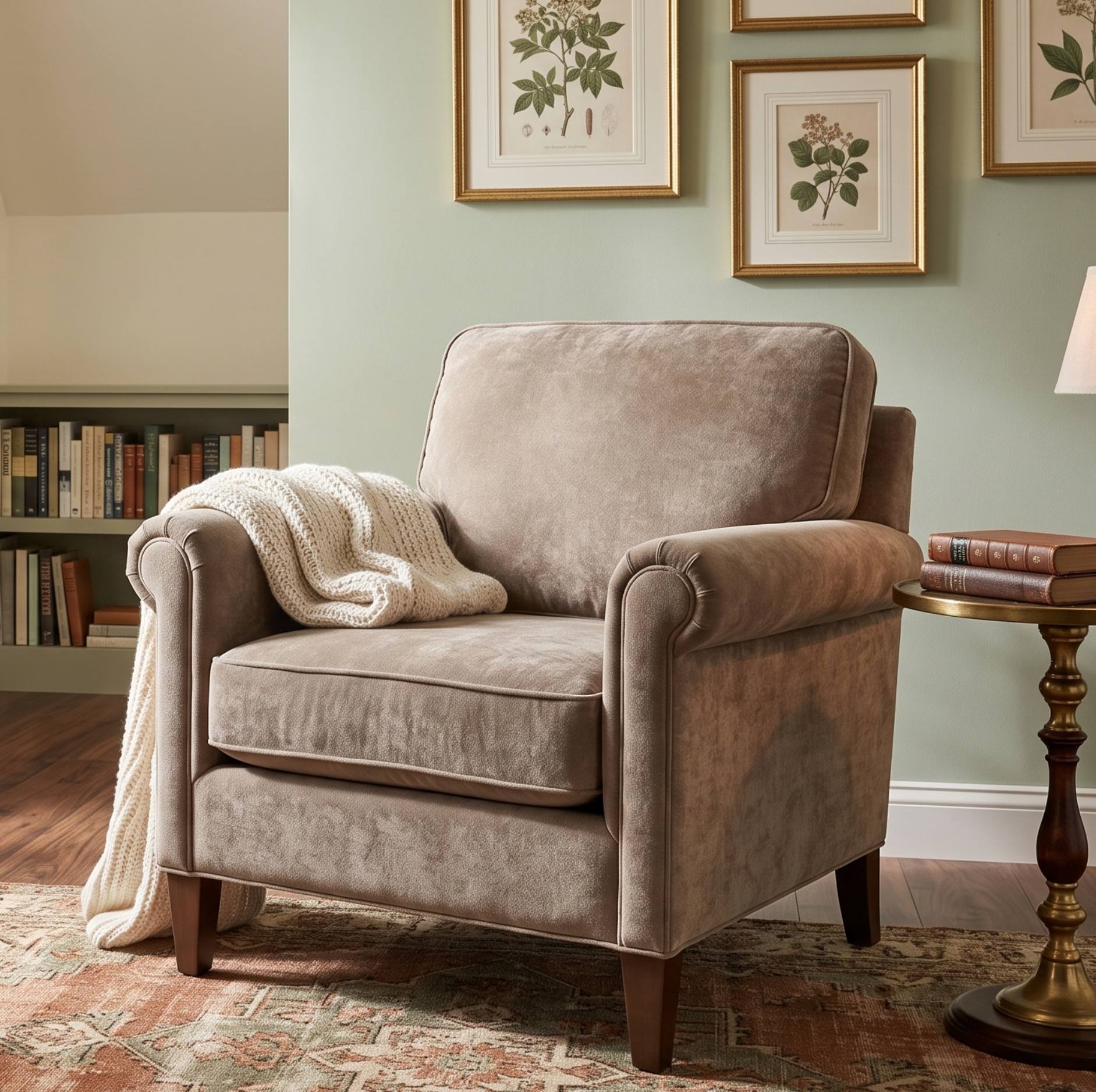 A plush upholstered armchair in a warm taupe-brown velvet fabric, styled in a cozy living room setting with a cream knit throw blanket draped over the seat, a side table, framed botanical prints on the wall, and a bookshelf in the background.