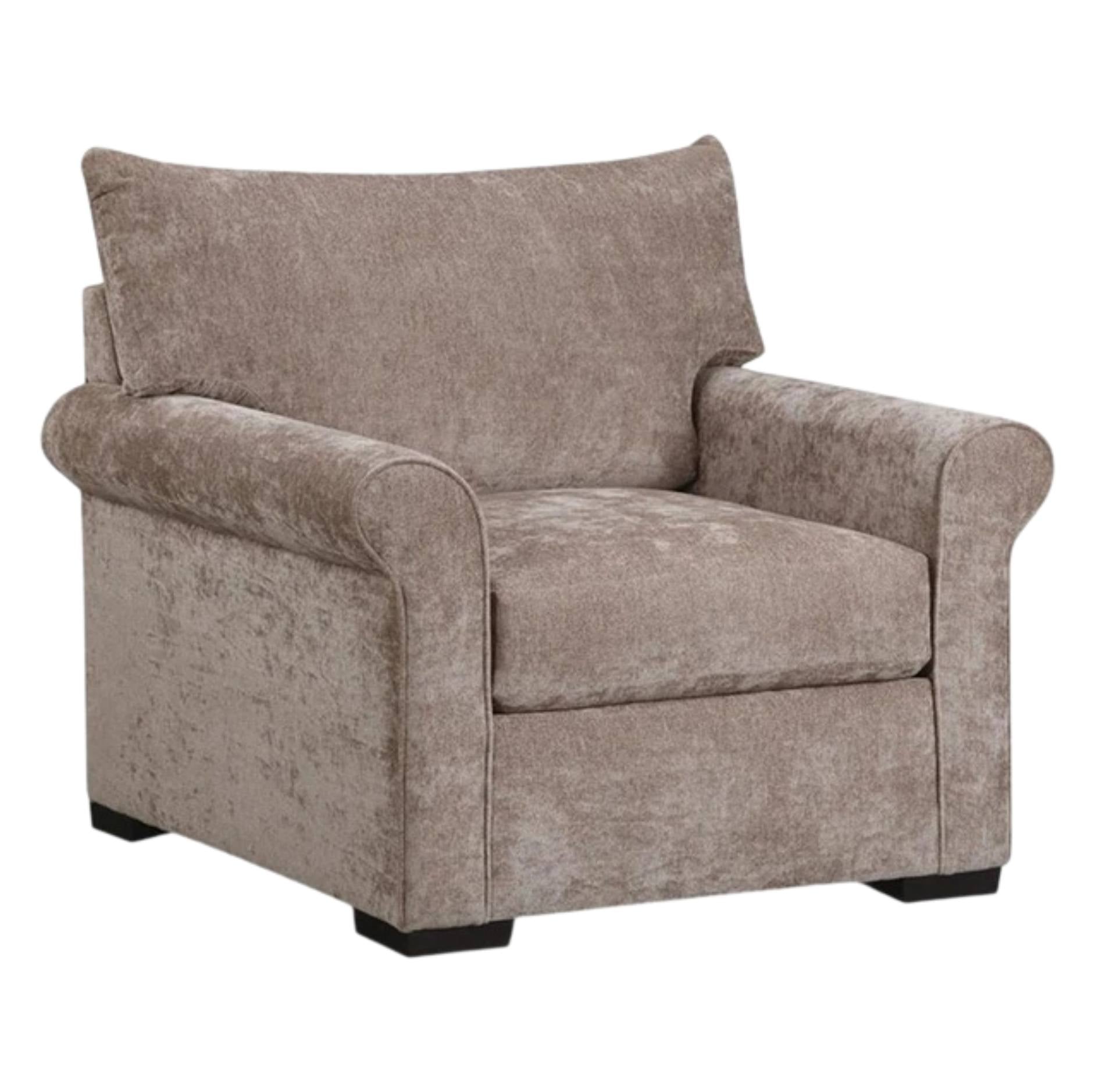 A plush upholstered armchair in a textured taupe fabric, featuring rolled arms, a high back cushion, and dark feet, shown against a plain white background.