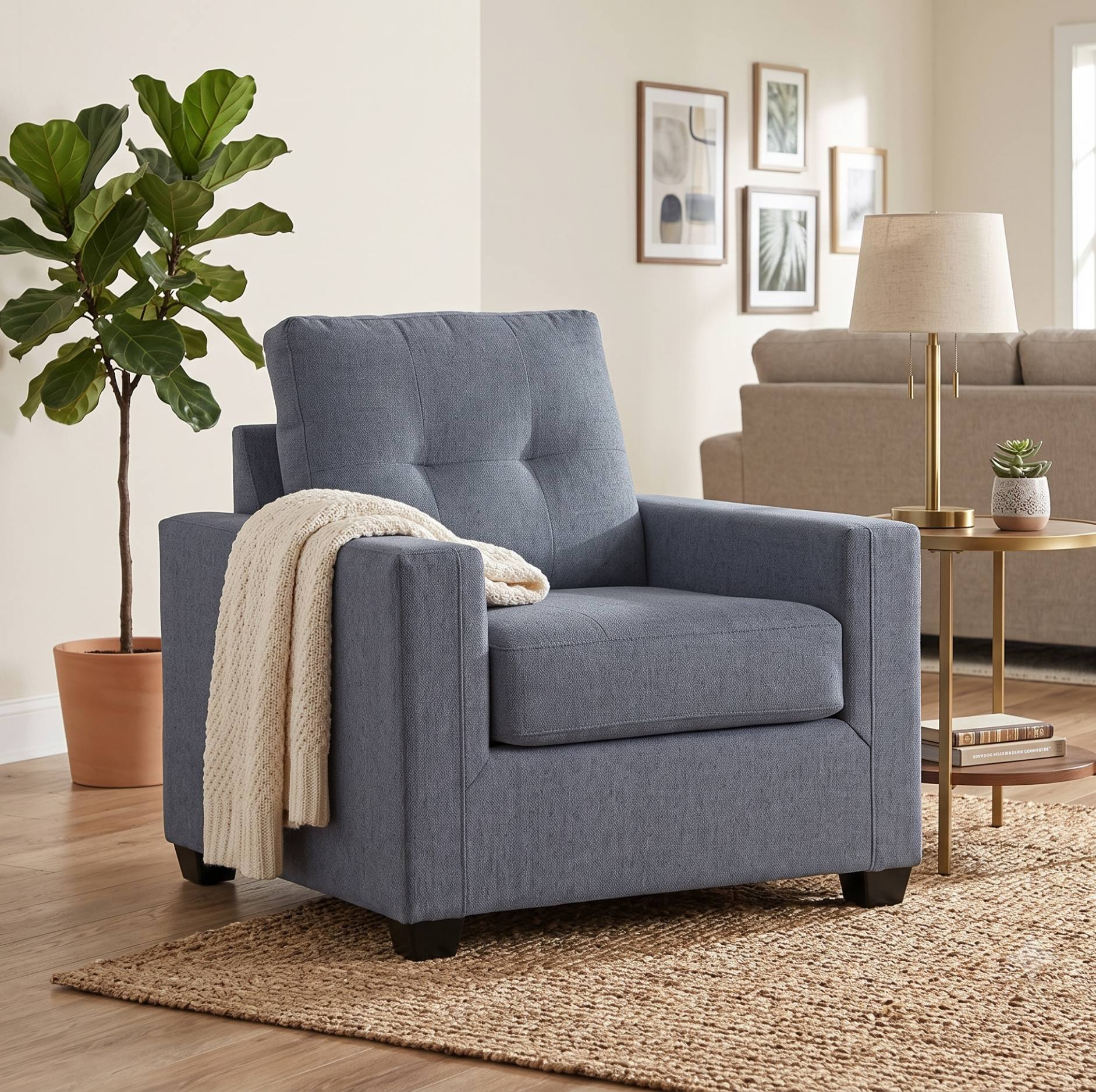 A blue upholstered armchair with tufted back cushions and dark legs, styled in a living room with a cream throw blanket draped over the arm, a potted fiddle-leaf fig, a side table with a lamp, and a woven rug.