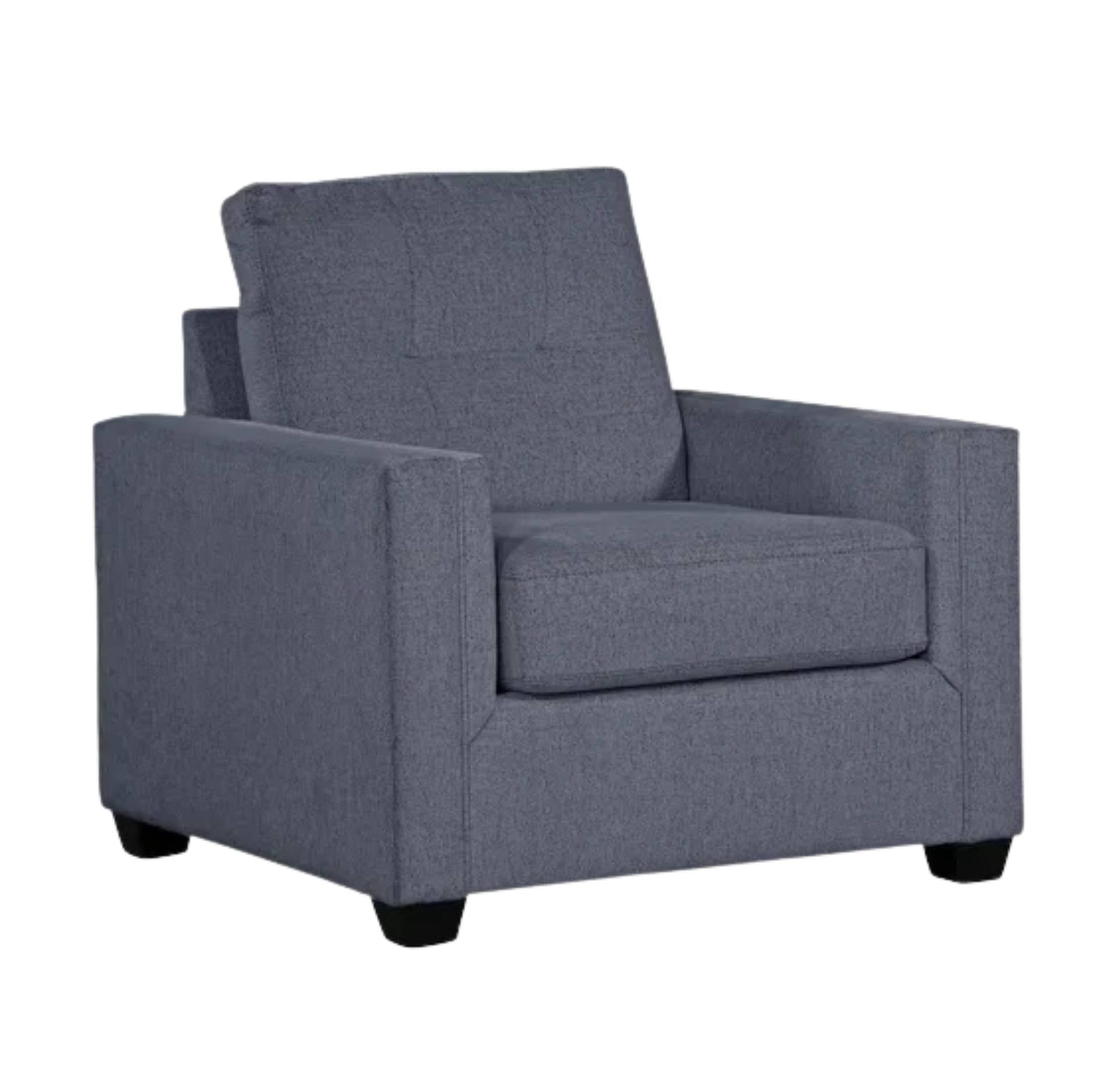 A modern armchair upholstered in textured gray fabric, featuring a high back, square arms, and short black legs, shown against a plain white background.
