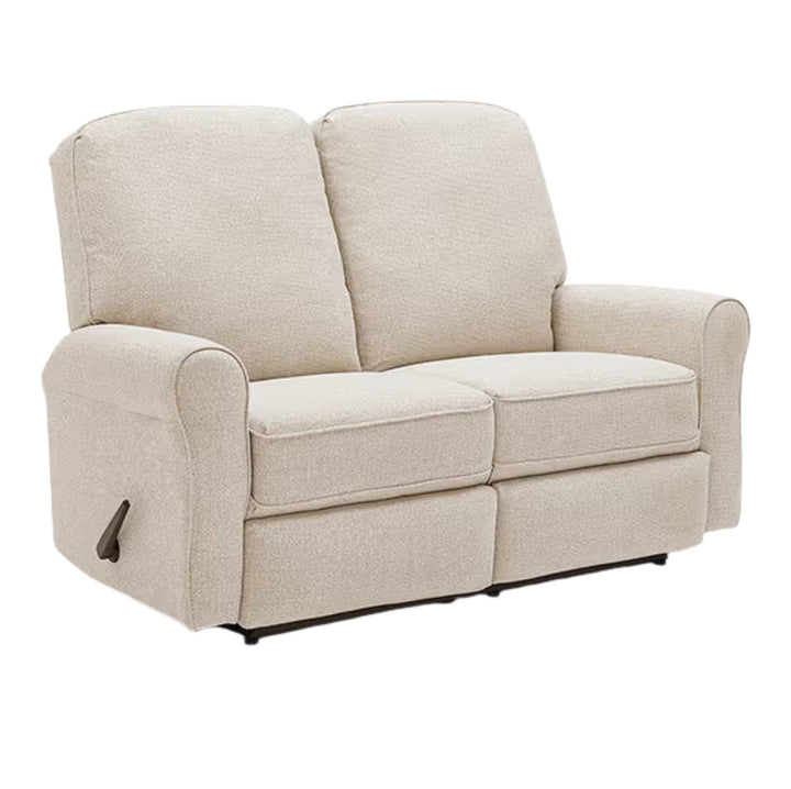 A two-seater upholstered reclining loveseat in a textured light beige fabric, shown from a three-quarter angle on a white background.