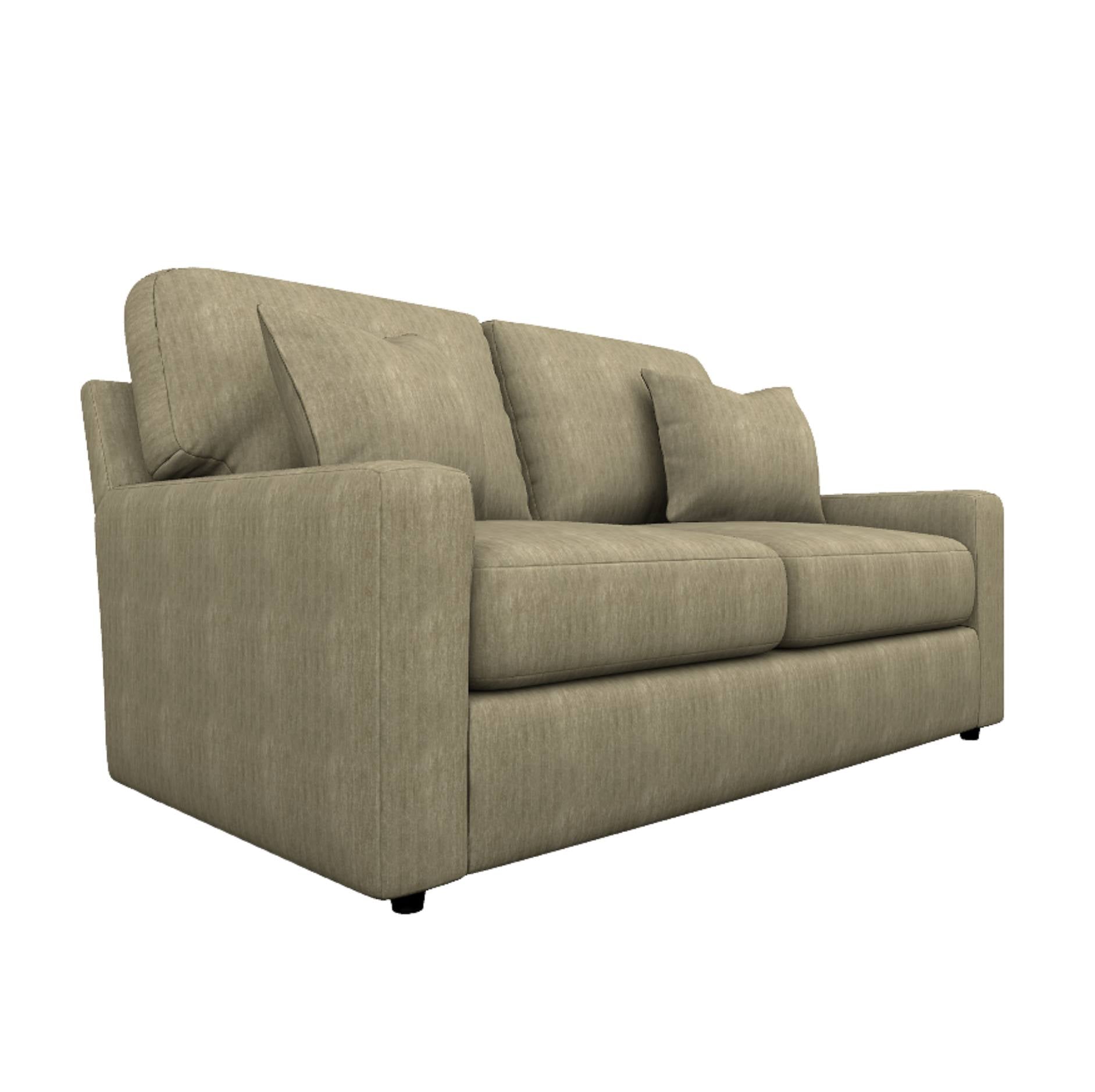 A three-seat upholstered sofa in a textured light beige fabric, shown from a three-quarter angle against a plain white background.