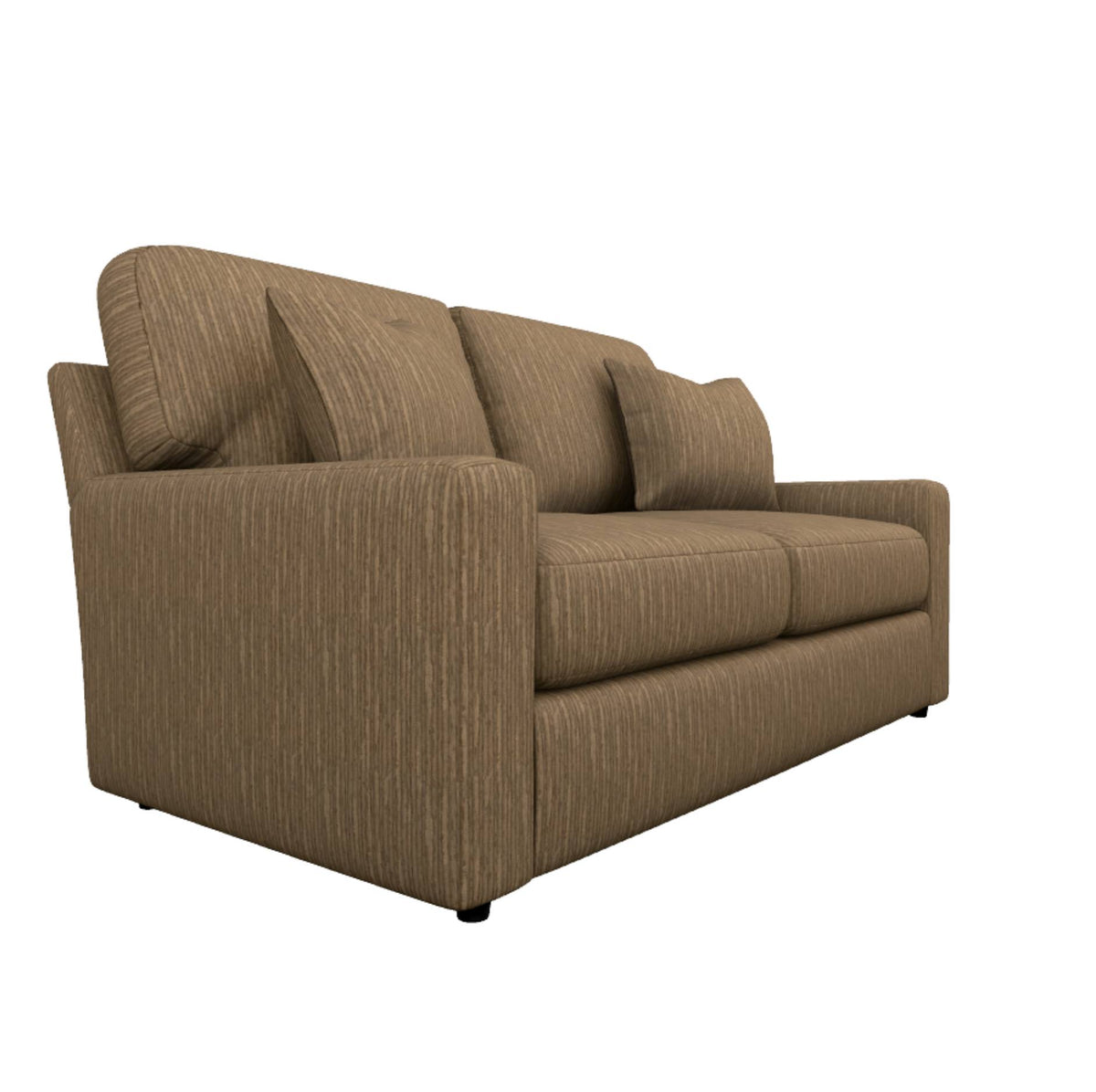 A three-seat upholstered loveseat sofa in a textured brown fabric, shown from a three-quarter angle against a plain white background.