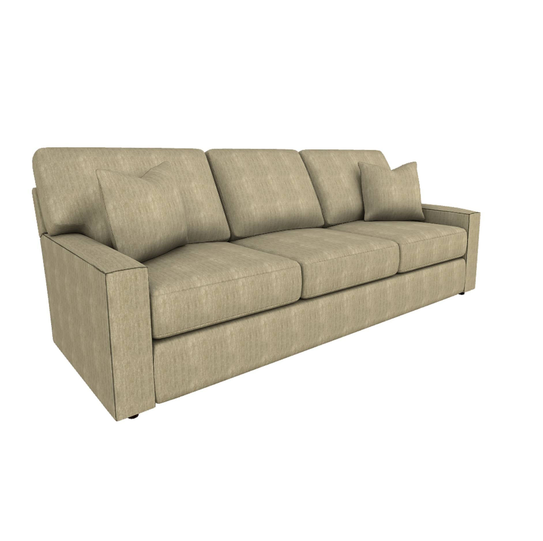A three-seater upholstered sofa in a textured light beige fabric, shown from a three-quarter angle against a plain white background.