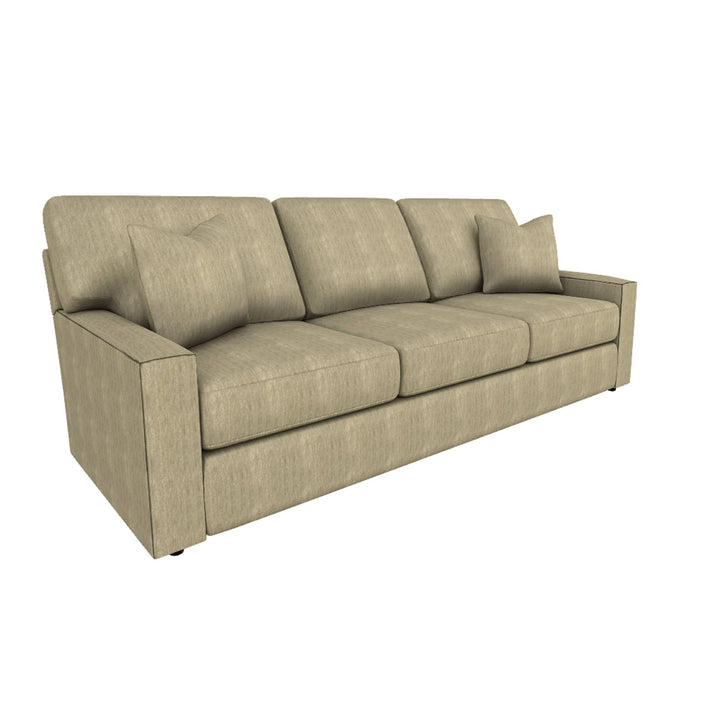 A three-seater upholstered sofa in a textured light beige fabric, shown from a three-quarter angle against a plain white background.