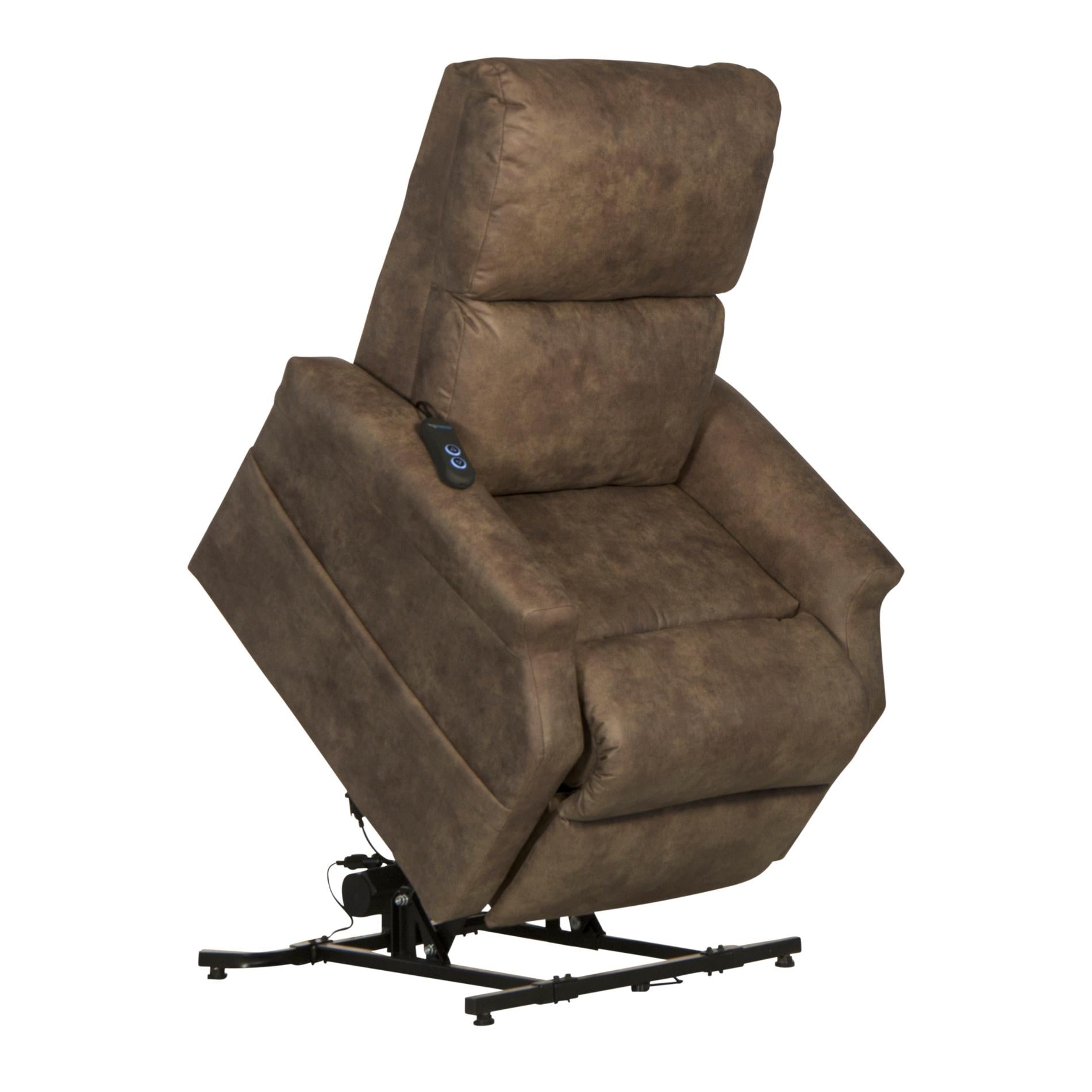 Brown lift chair with remote control on a white background