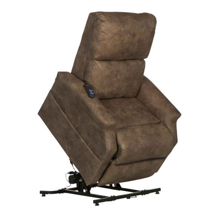 Brown lift chair with remote control on a white background