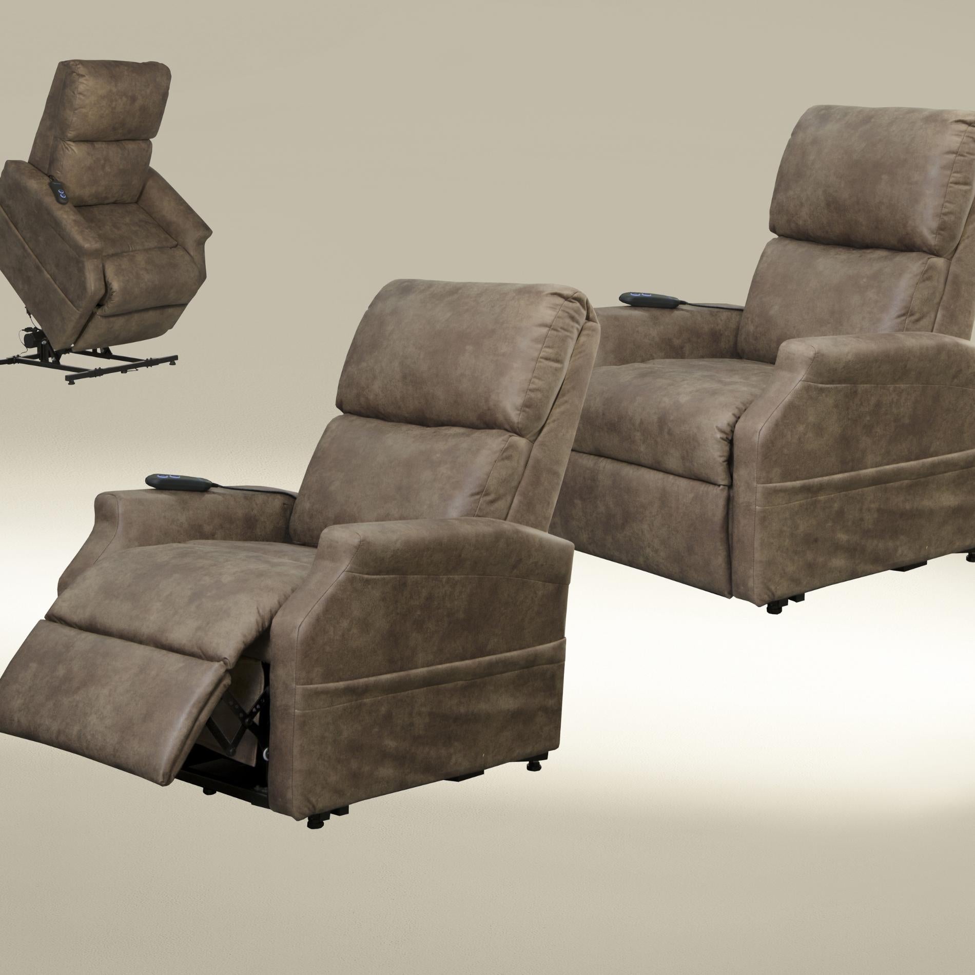 Brown recliner chairs with cup holders on a beige background