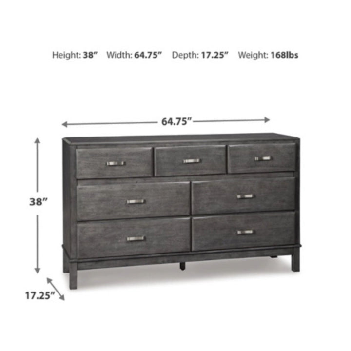 Gray dresser with dimensions labeled on a white background