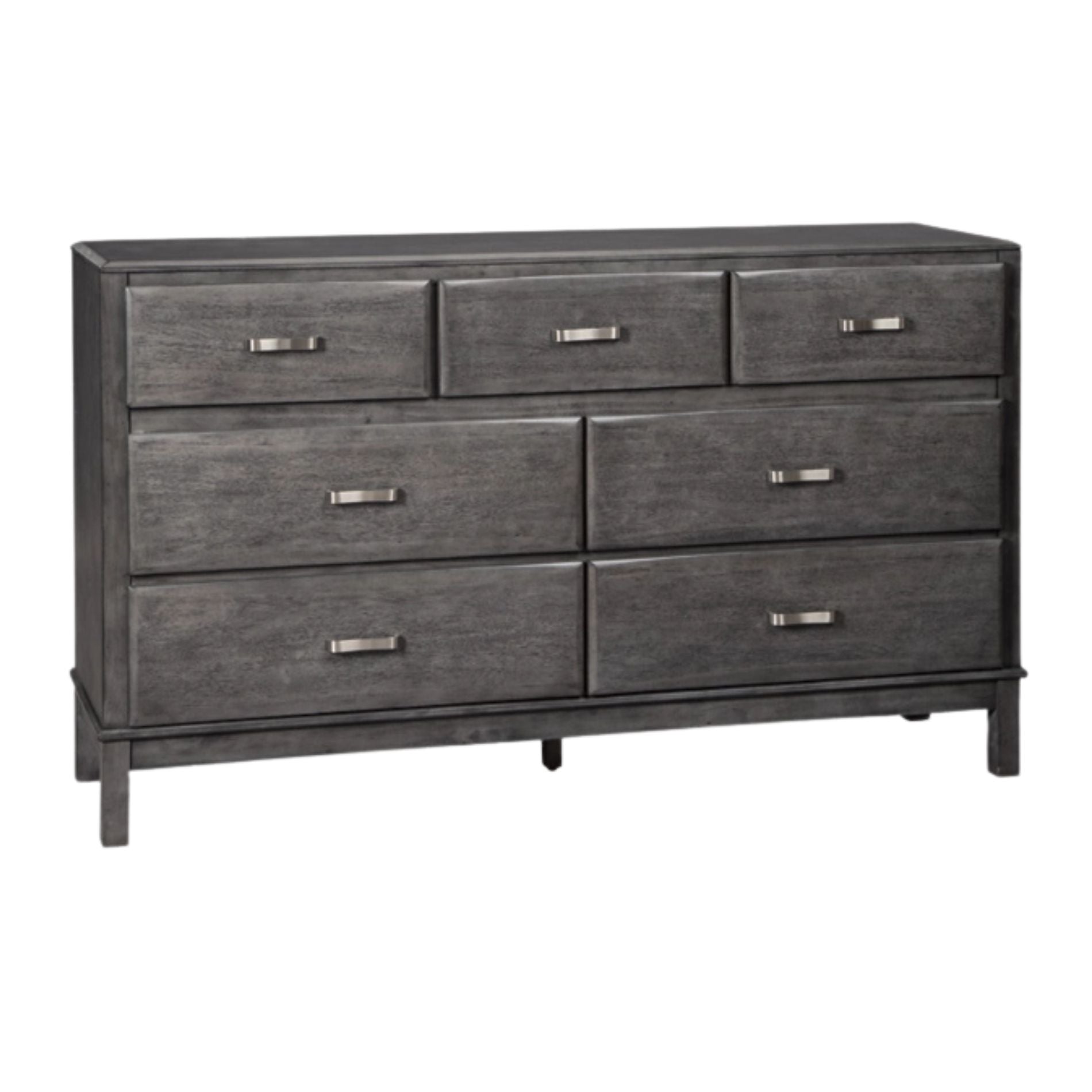 Dark wood dresser with six drawers on a white background