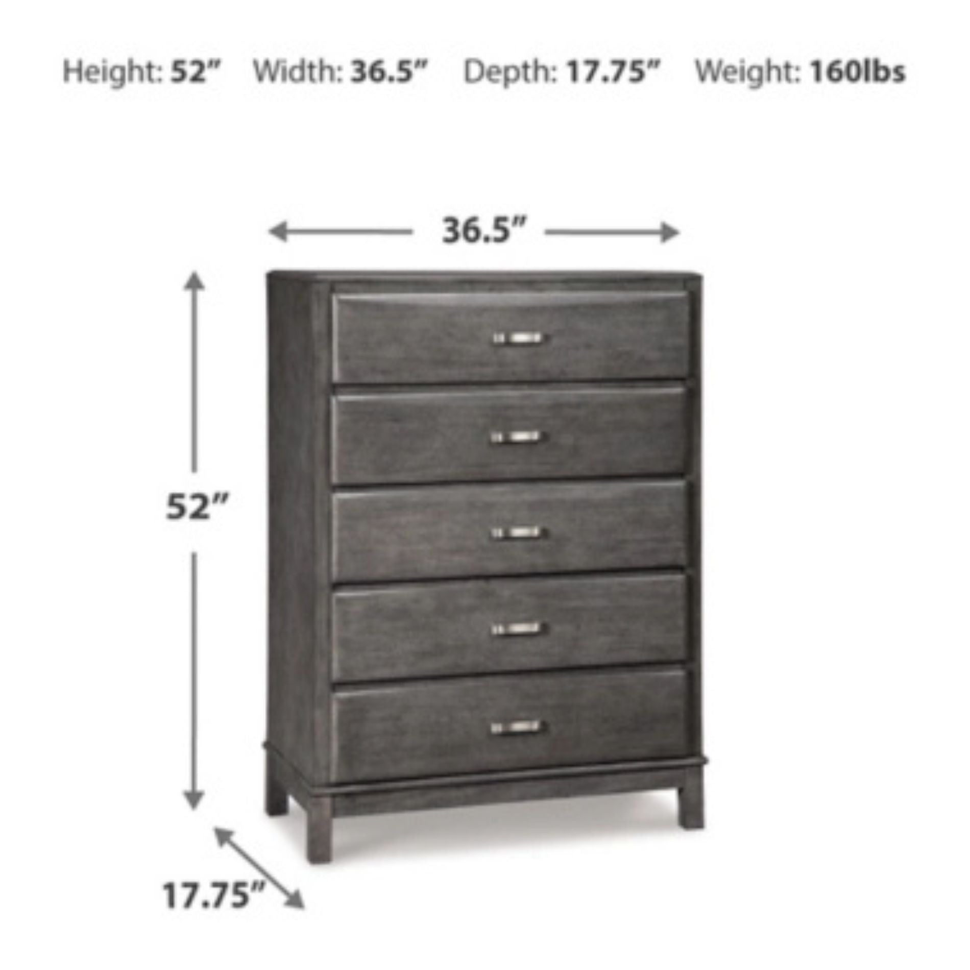 Gray dresser with dimensions labeled on a white background
