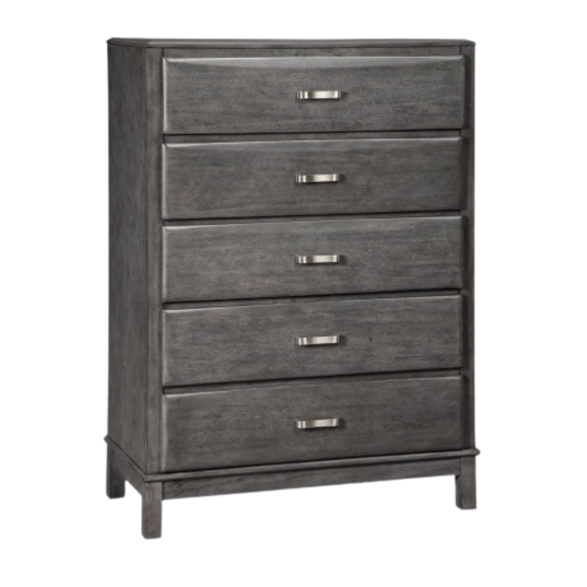 Gray dresser with four drawers on a white background