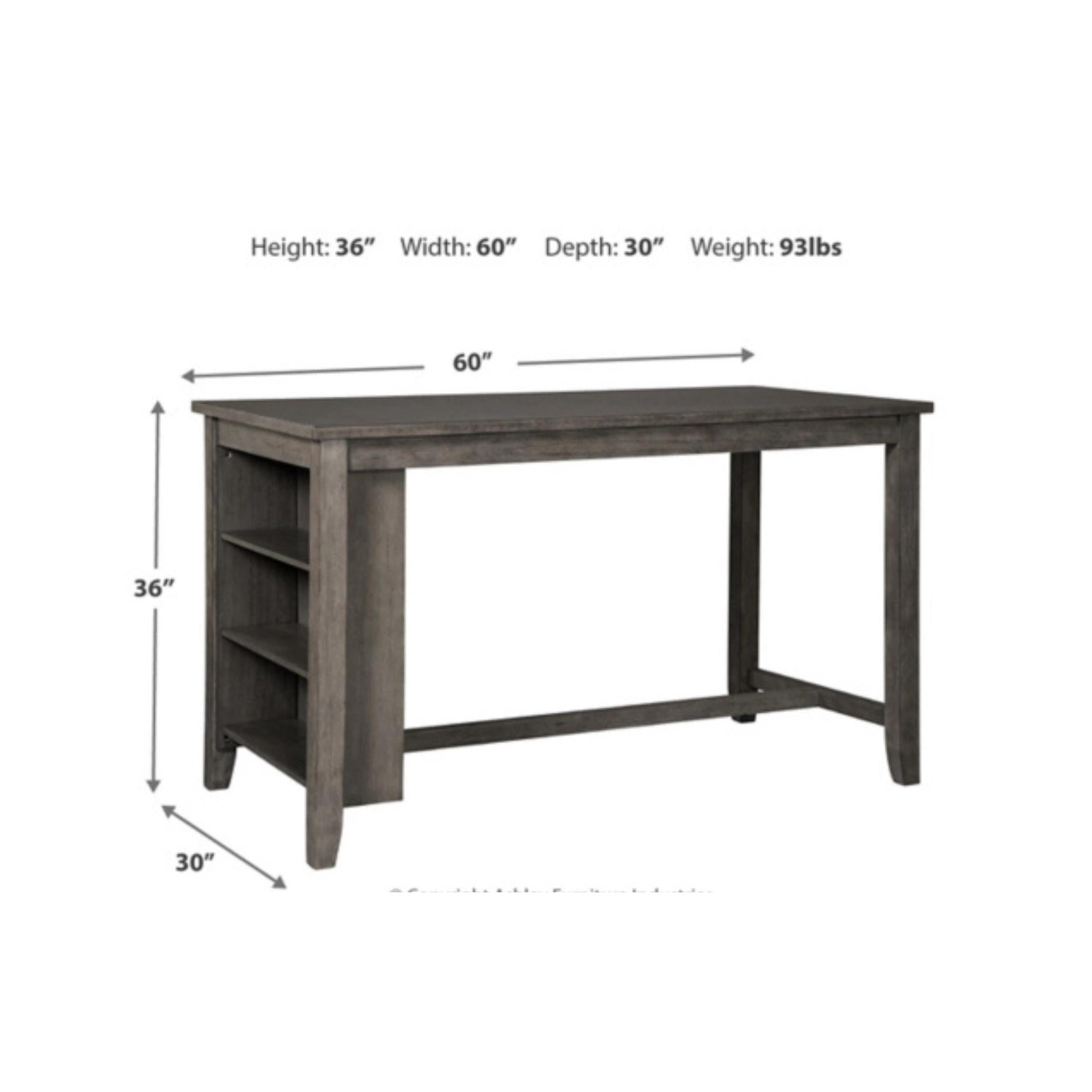 Gray wooden desk with dimensions labeled on a white background