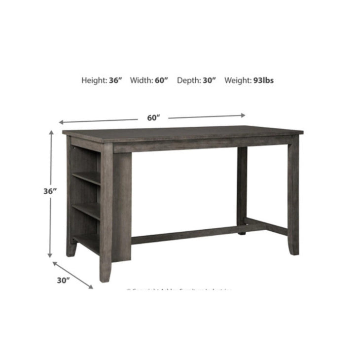 Gray wooden desk with dimensions labeled on a white background