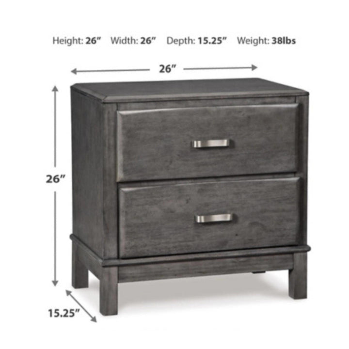 Gray two-drawer nightstand with dimensions labeled on a white background