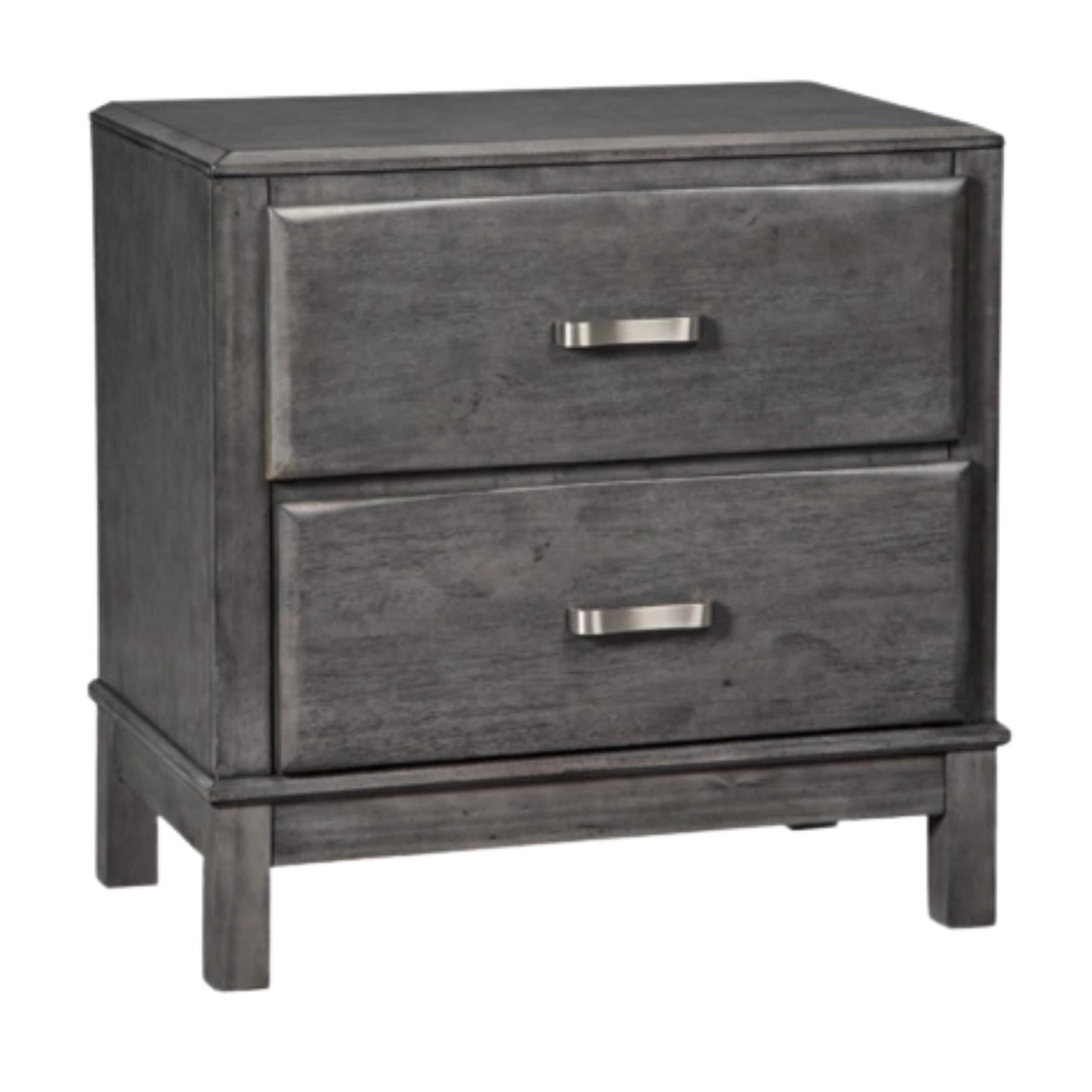 Gray two-drawer nightstand with metal handles on a white background