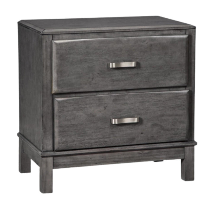 Gray two-drawer nightstand with metal handles on a white background